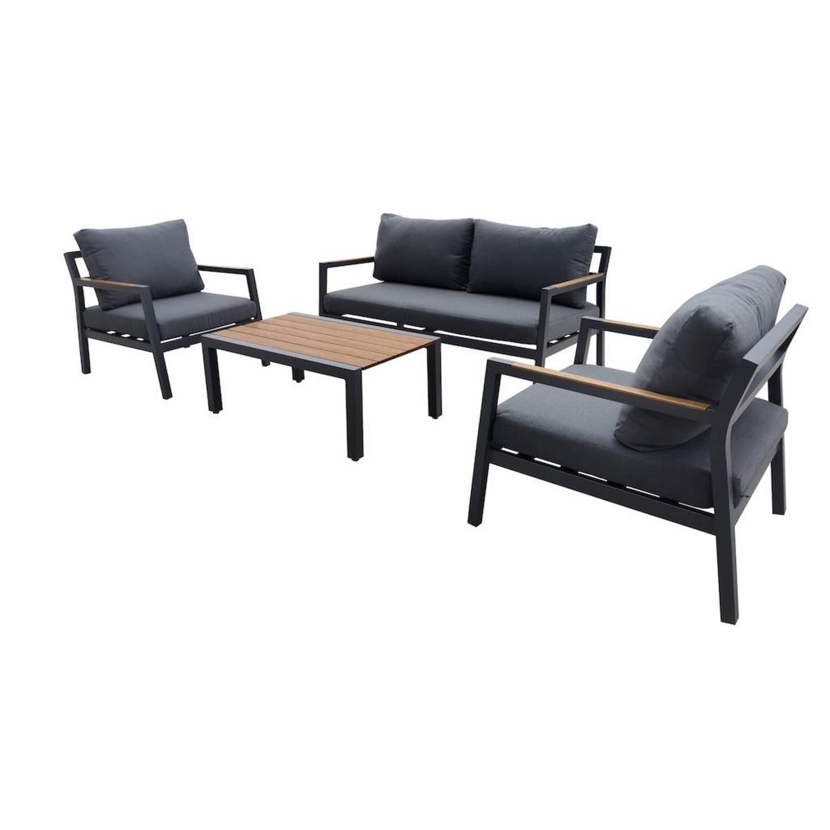 Proloisirs Set 4 pièces - GAMES - Aluminium époxy graphite - Accoudoirs Heat look chêne - Coussins déhoussables