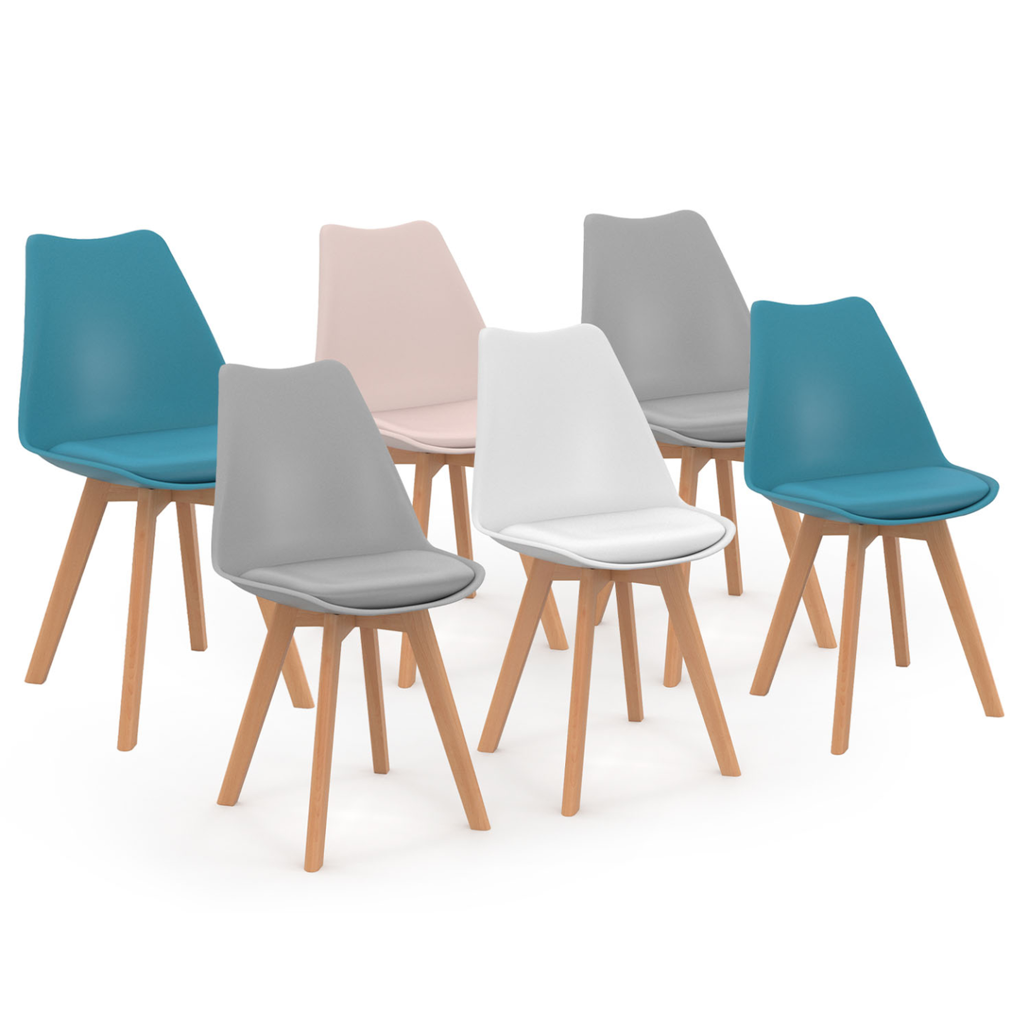 ID MARKET Lot de 6 chaises scandinaves sara mix color pastel rose, blanc, gris clair x2, bleu x2