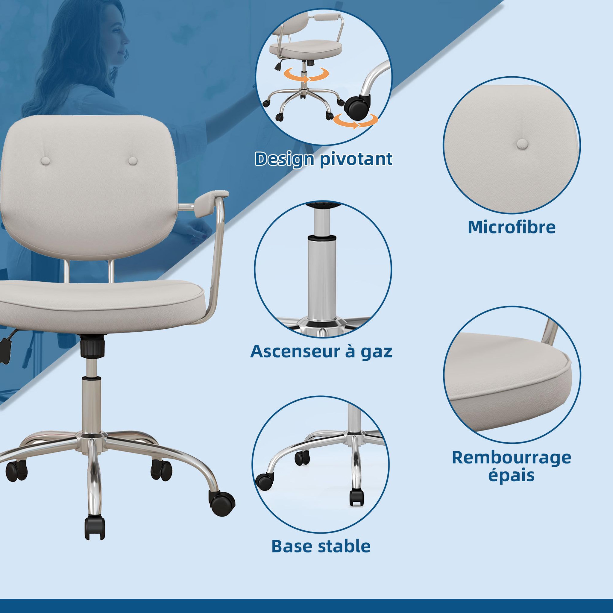 Voir la diapositive 5 : VINSETTO Chaise de bureau design néo-rétro - dossier 2 boutons, accoudoirs rembourrés - piètement structure acier chromé PU beige