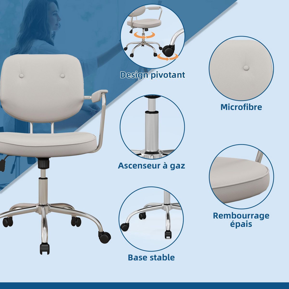 VINSETTO Chaise de bureau design néo-rétro - dossier 2 boutons, accoudoirs rembourrés - piètement structure acier chromé PU beige