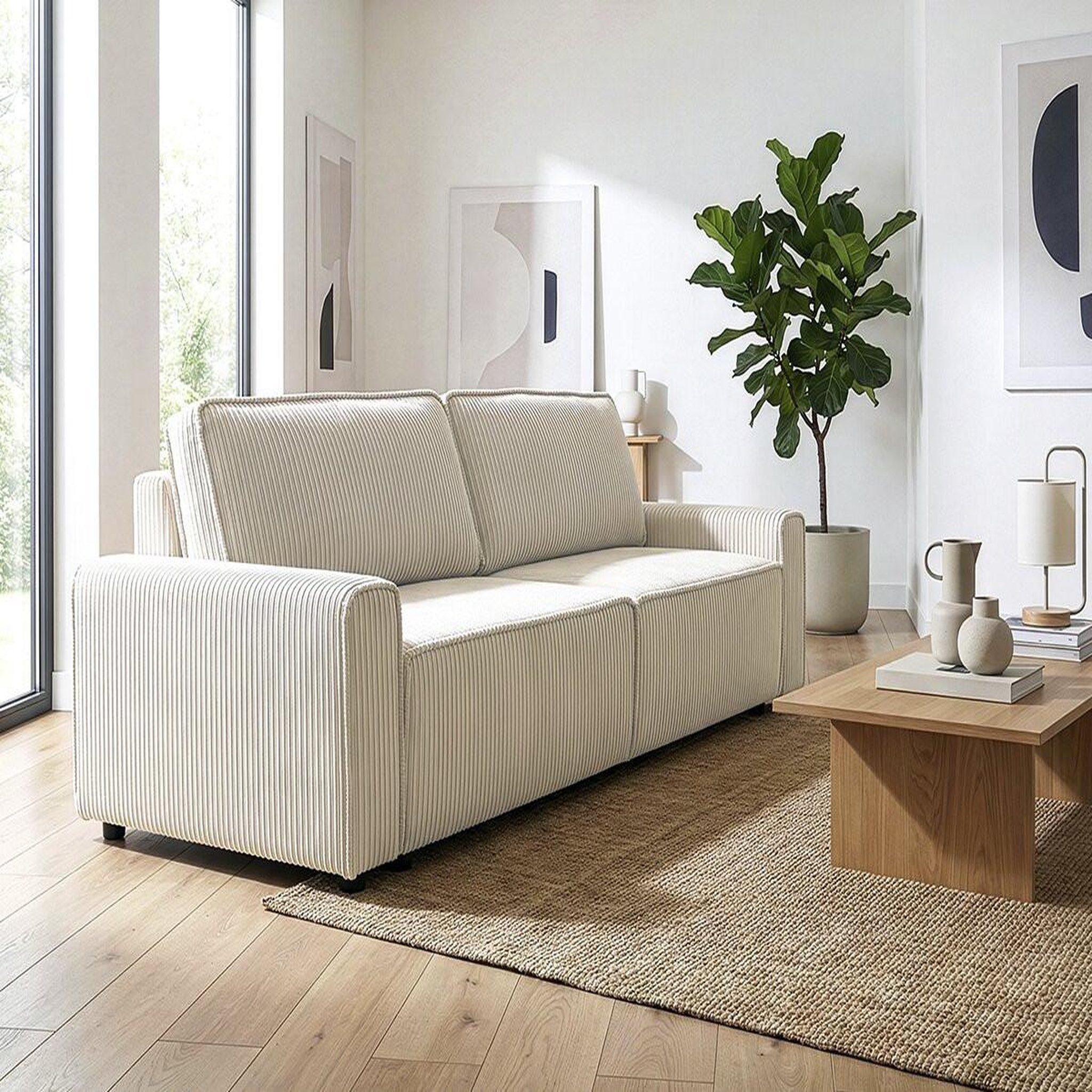 Voir la diapositive 2 : Habitat et Jardin Canapé convertible en velours côtelé  montaigne  -3 places - beige