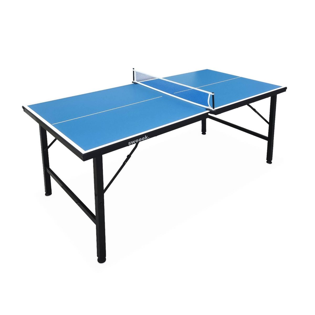 SWEEEK Mini table de ping pong 150x75cm - table pliable INDOOR bleue. avec 4 raquettes et 6 balles. valise de jeu pour utilisation intérieure. sport tennis de table