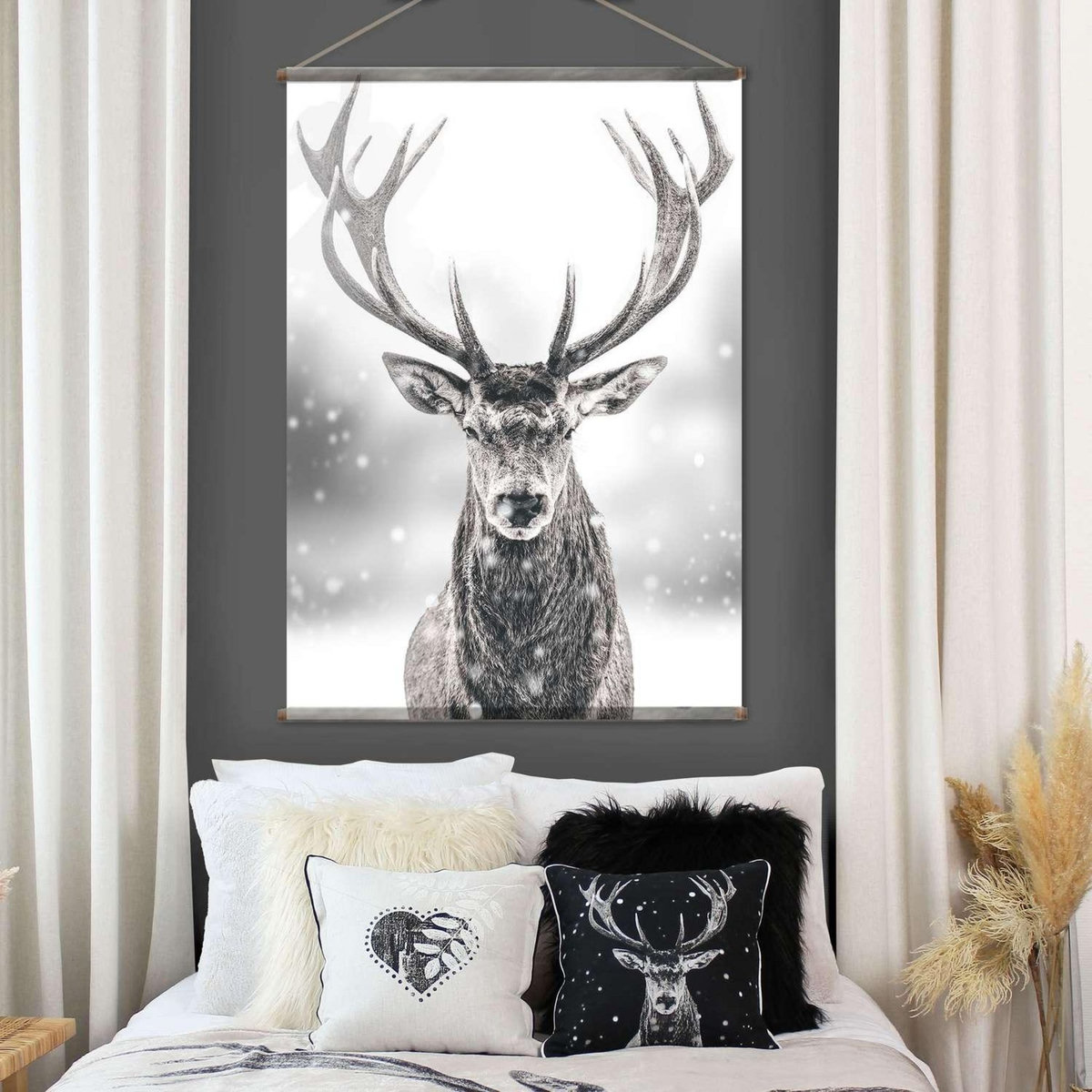 TOILINUX Toile murale imprimée cerf - 90 x 130 cm - Noir et blanc
