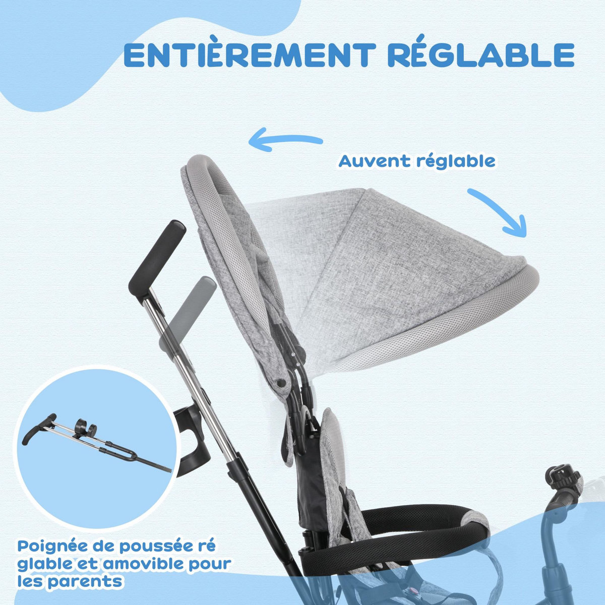HOMCOM Tricycle enfant évolutif pare-soleil pliable canne télescopique amovible acier gris