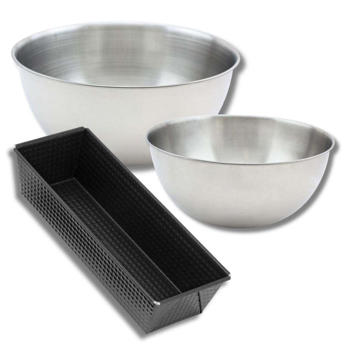 ZENKER Lot de pâtisserie avec 1 Moule à Cake 30,5 cm, 1 spatule Zenker et 2 bols à mixer en inox Fackelmann