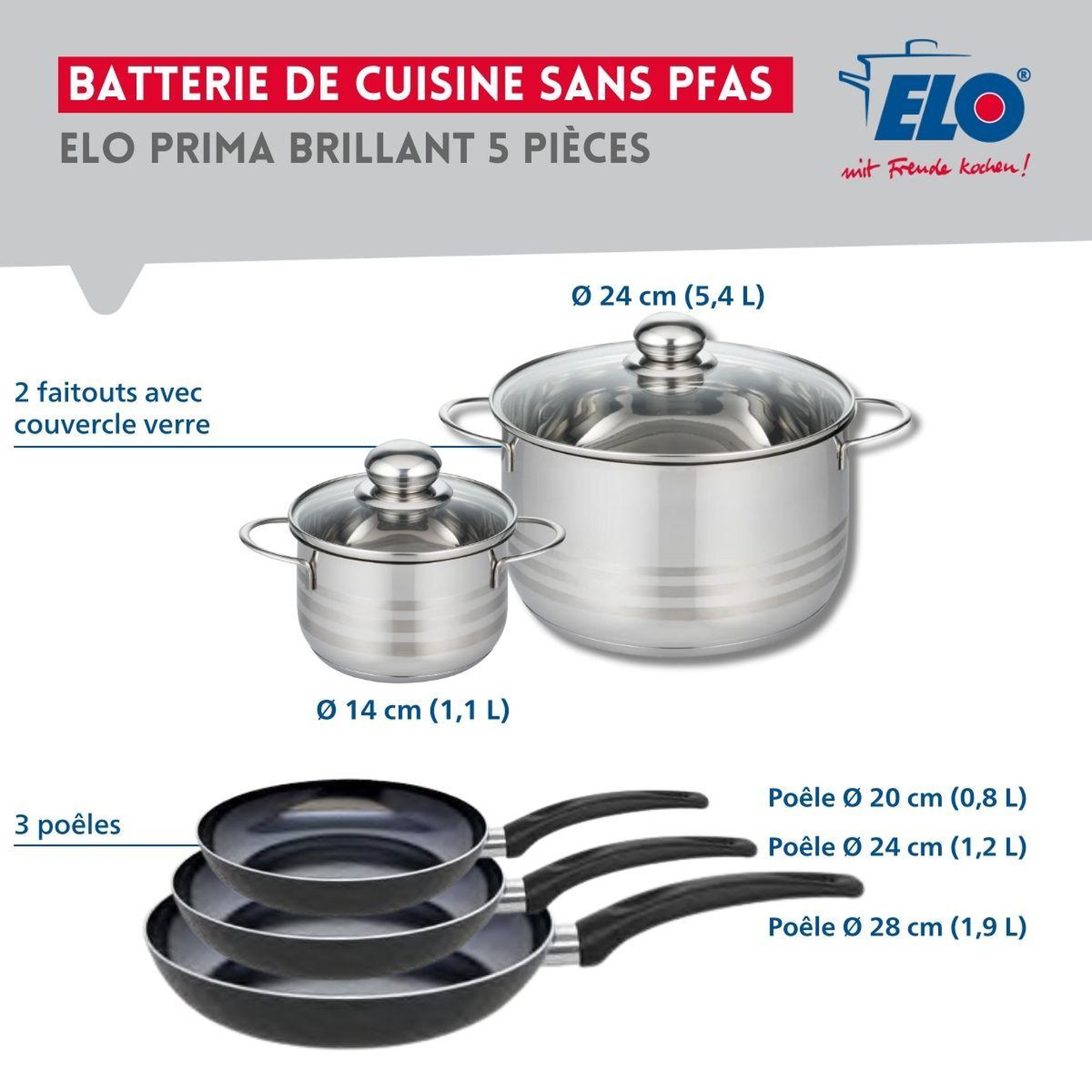Voir la diapositive 2 : ELO Ensemble de 3 Poêles de cuisson 20, 24 et 28 cm et 2 faitouts 14 et 24 cm Elo Prima Brillant