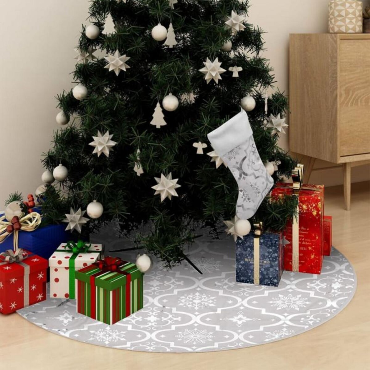 VIDAXL Jupe de sapin de Noël de luxe avec chaussette Blanc 150cm Tissu