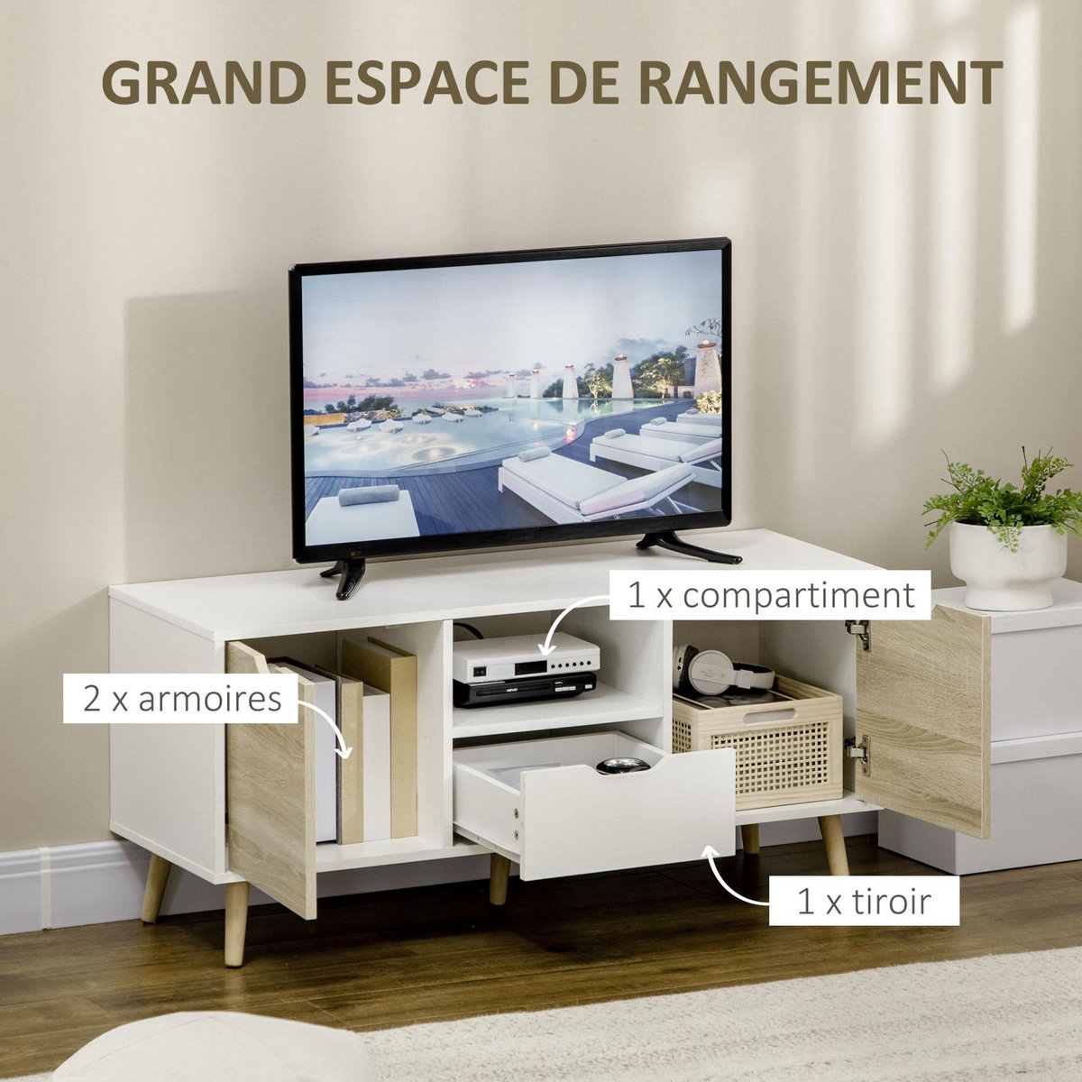 HOMCOM Meuble TV banc TV style scandinave 2 portes tiroir niche piètement bois de pin panneaux blanc aspect chêne clair