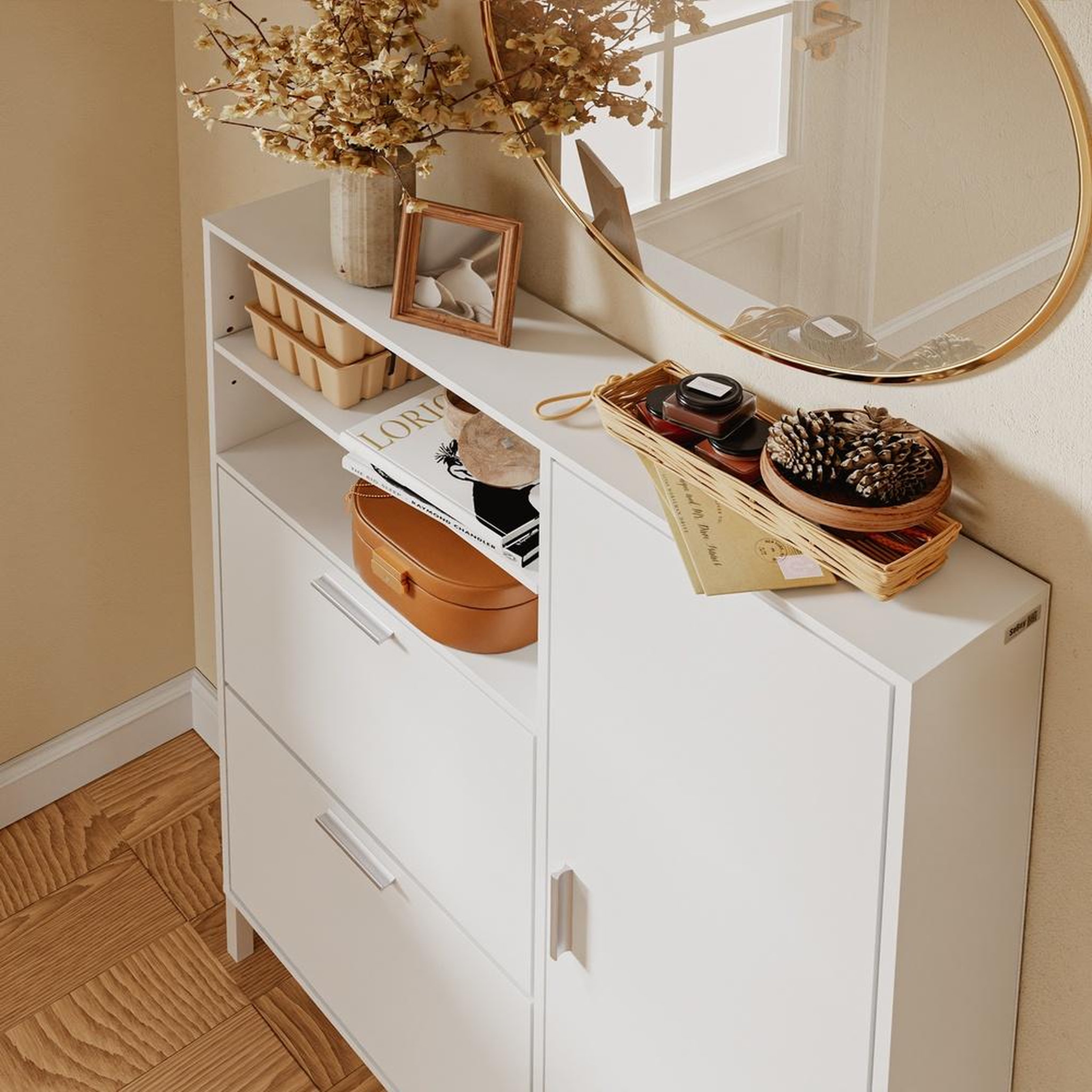 Voir la diapositive 4 : SOBUY Armoire à chaussures compacte 2-en-1 avec portes rabattables et étagères inclinées, blanc