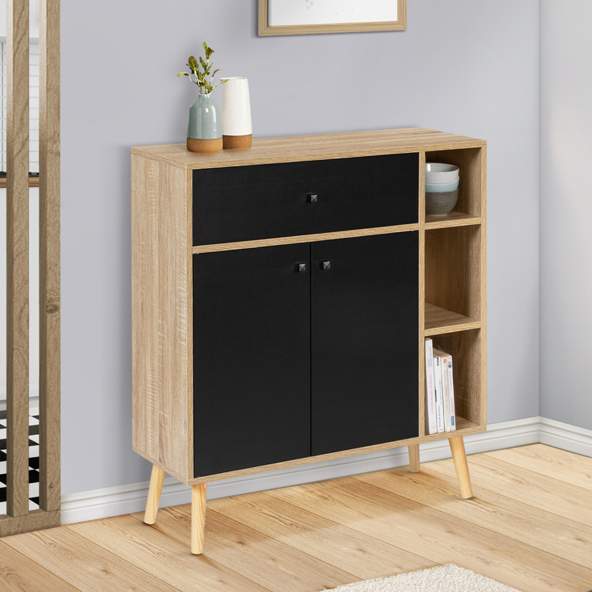 Voir la diapositive 6 : ID MARKET Meuble de rangement emmie scandinave bois et noir avec placard et tiroir