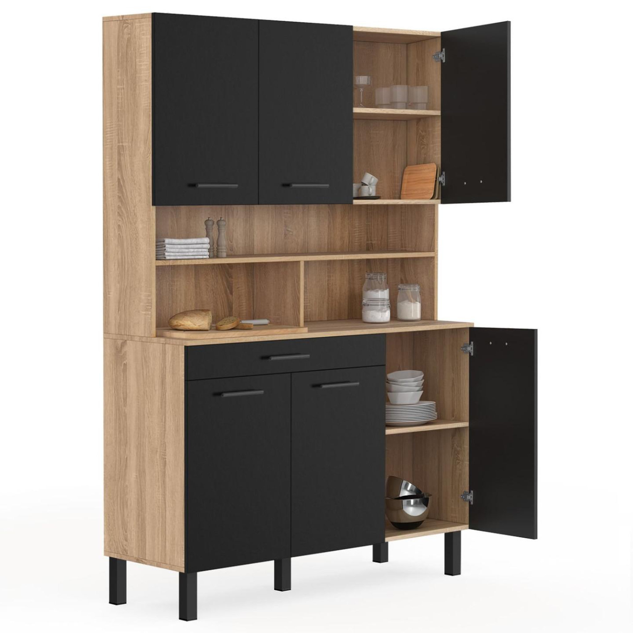 Voir la diapositive 4 : ID MARKET Buffet de cuisine 120 cm cina 6 portes + tiroir façon hêtre et noir
