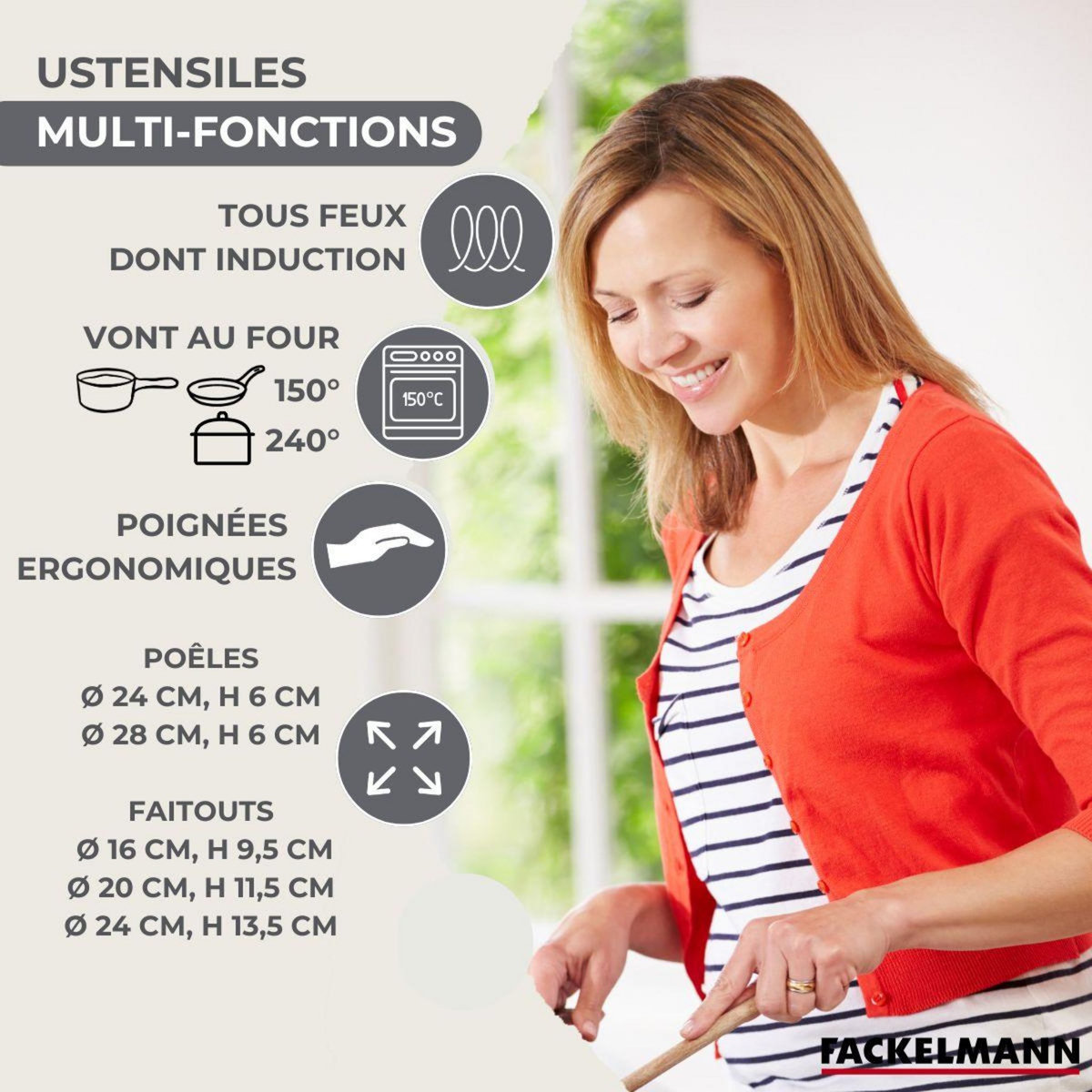 Fackelmann Set 2 poêles 24 28 cm, 3 faitouts 16, 20 et 24 cm en inox et 6 ustensiles inox Fackelmann Geneva