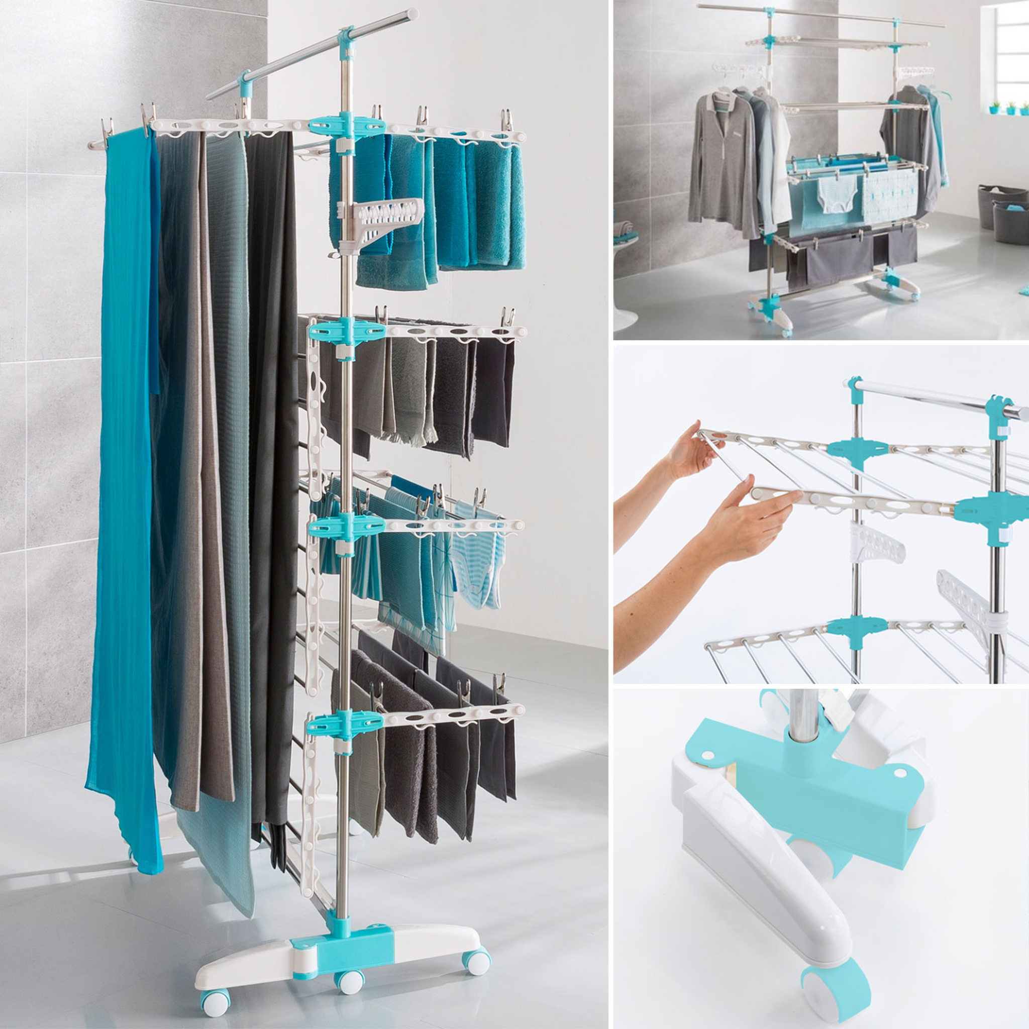 Voir la diapositive 3 : ID MARKET Séchoir à linge vertical pliable 4 niveaux optimum capacité 30m avec tringle télescopique blanc et bleu