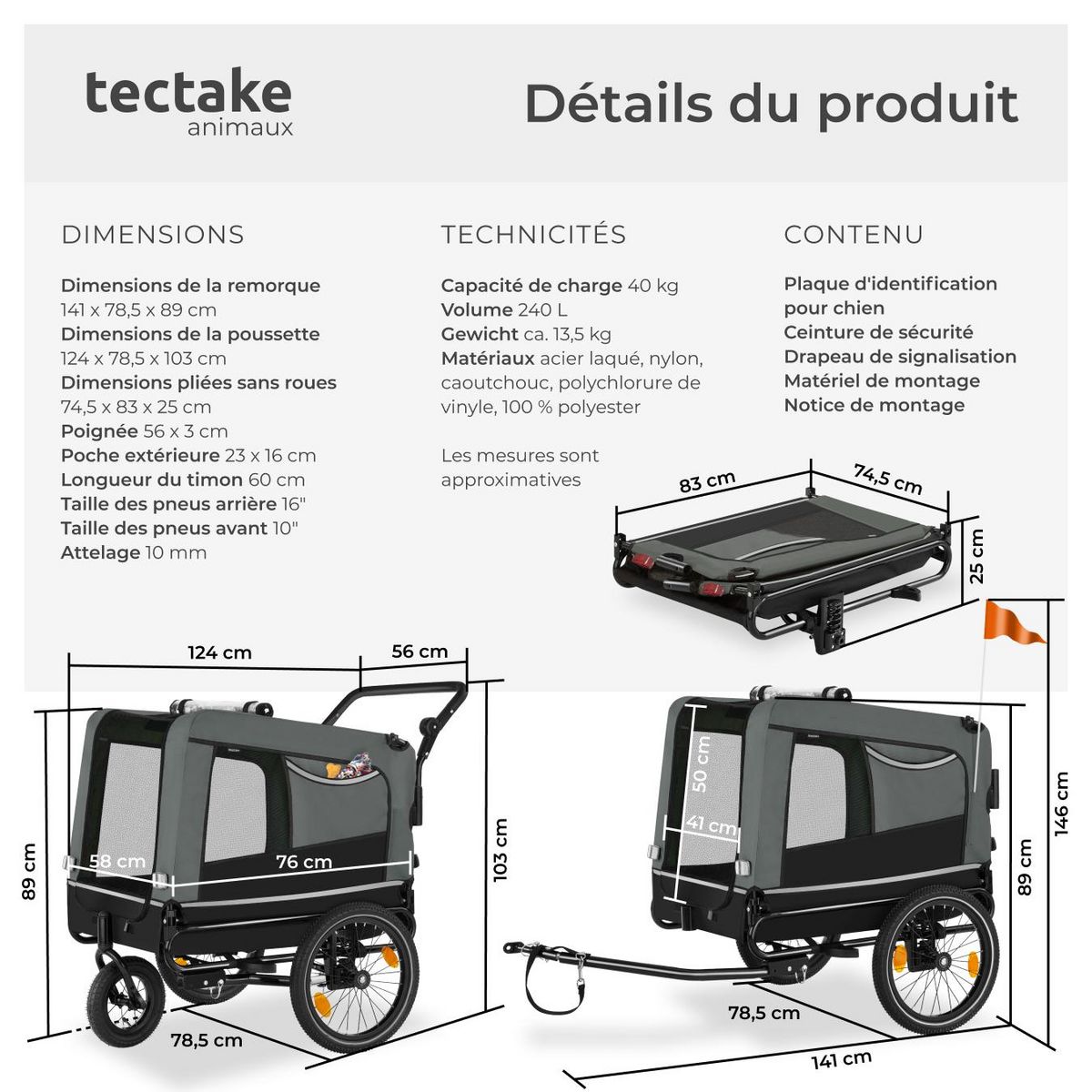 tectake Remorque vélo pour chien multifonction 3-en-1 gris