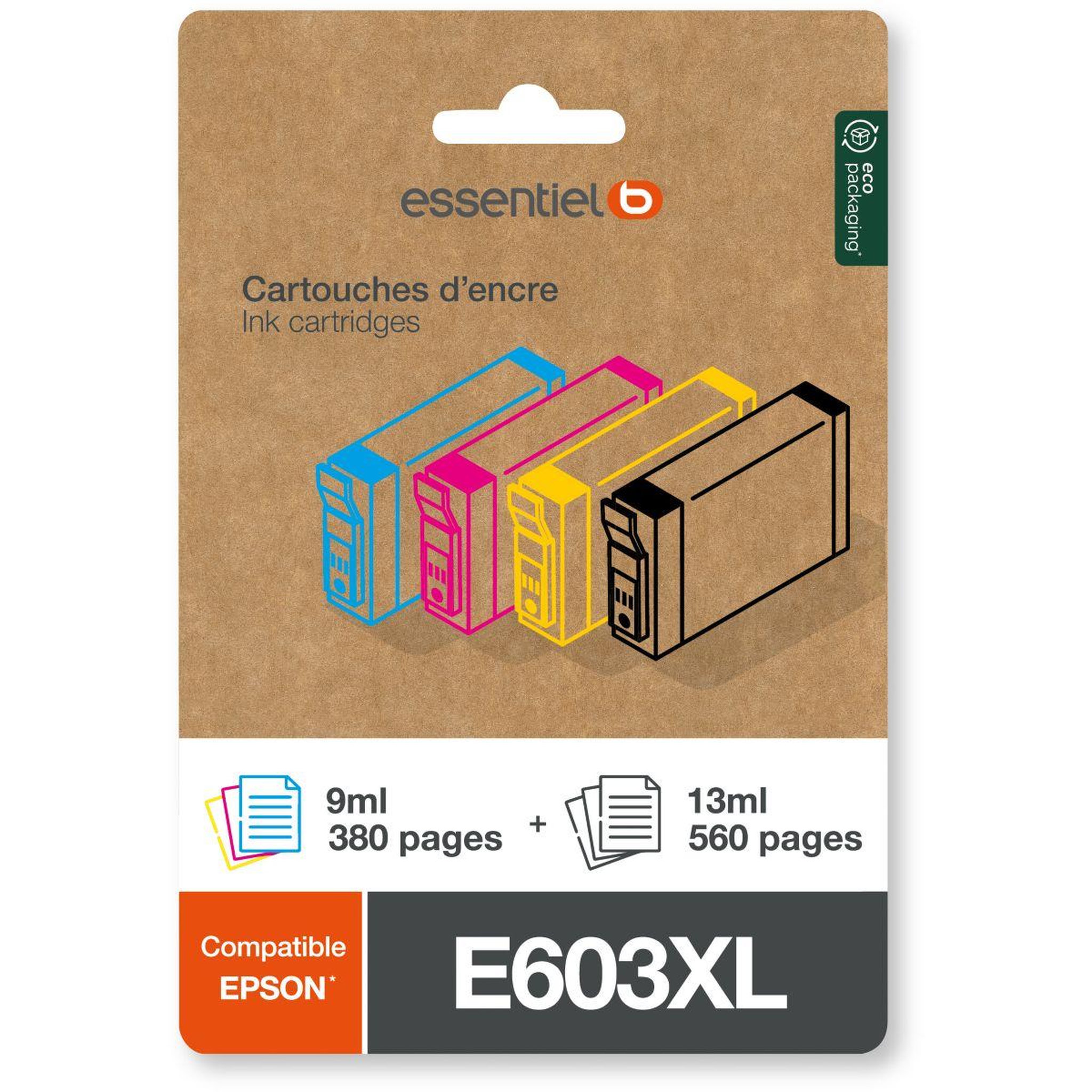 Voir la diapositive 1 : ESSENTIEL B Cartouche d'encre Pack Compatible E603 XL (Noir + 3 Couleurs Haute Capacité)