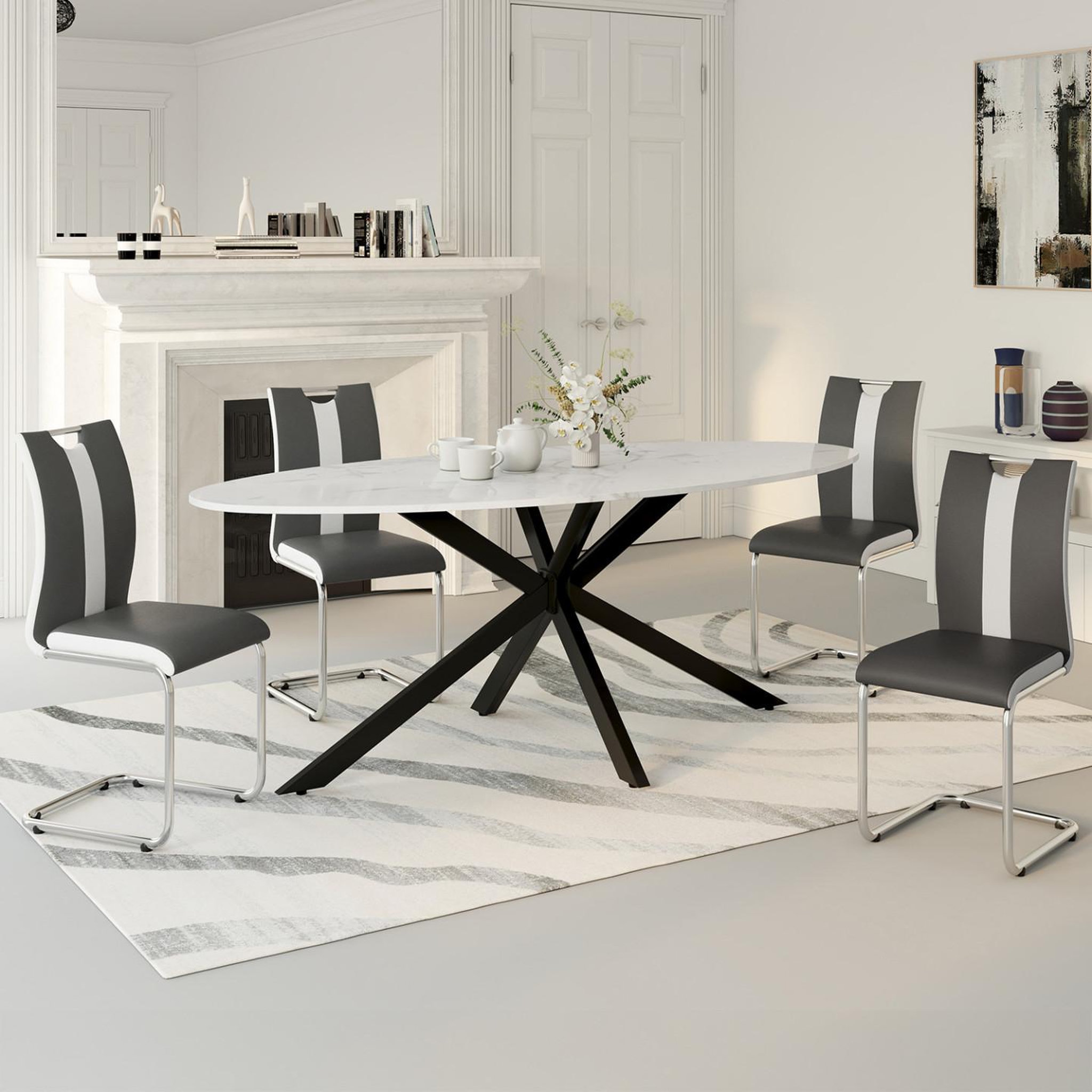 Voir la diapositive 2 : ID MARKET Lot de 4 chaises pia grises et blanches pour salle à manger