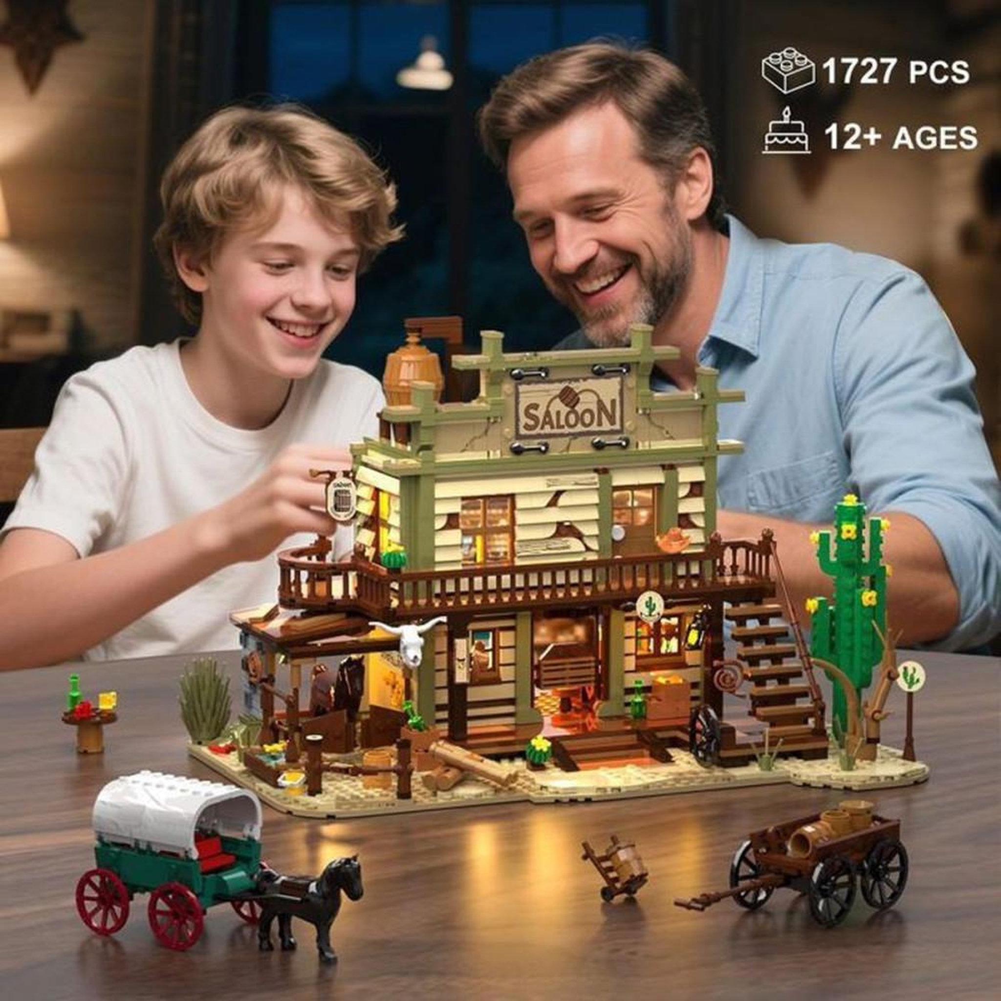 Voir la diapositive 3 : Jeu de construction Saloon Western avec LEDs intégrées, 1727 pièces, plastique ABS, modèle multi-niveaux pour 12 ans et plus