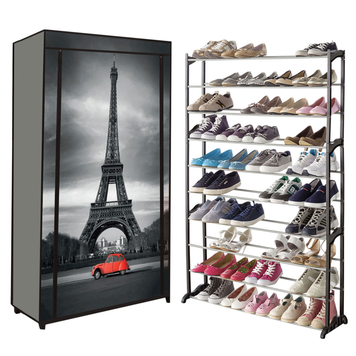 ID MARKET Étagère range chaussures 50 paires + housse imprimé Paris