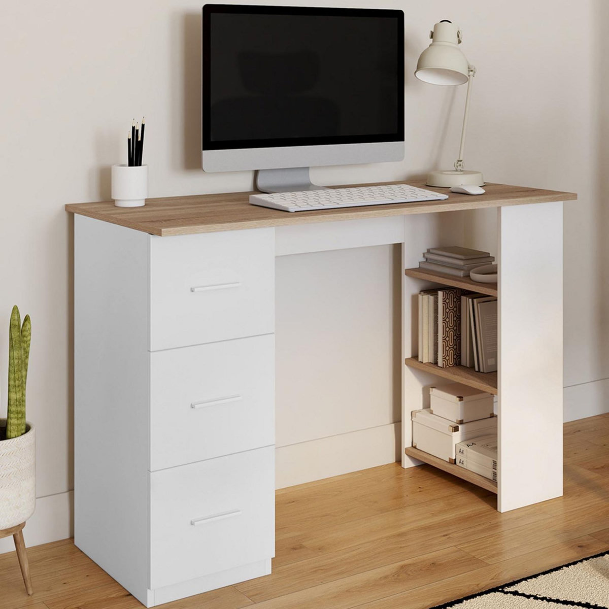 ID MARKET Bureau droit MAE 3 tiroirs avec étagères de rangement blanc et bois