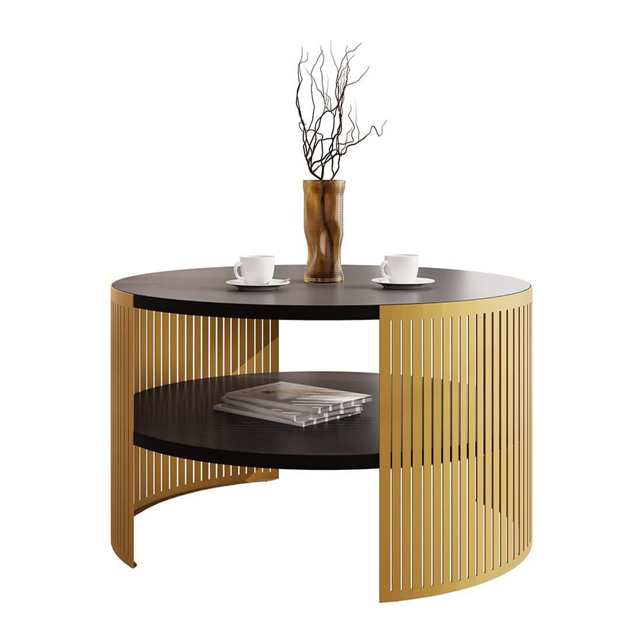 Voir la diapositive 2 : BEST MOBILIER Cruz - table basse ronde - noir et doré - 1 niche - 75 cm
