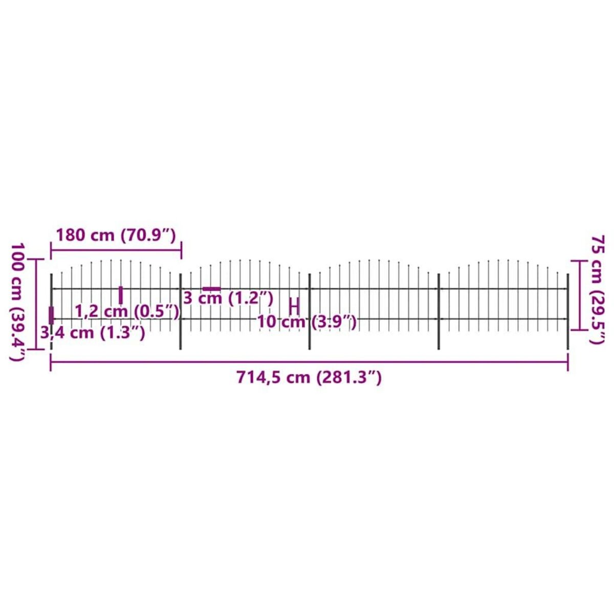 VIDAXL Cloture de jardin avec dessus en forme de lance en acier 714,5 x 100 cm Noir