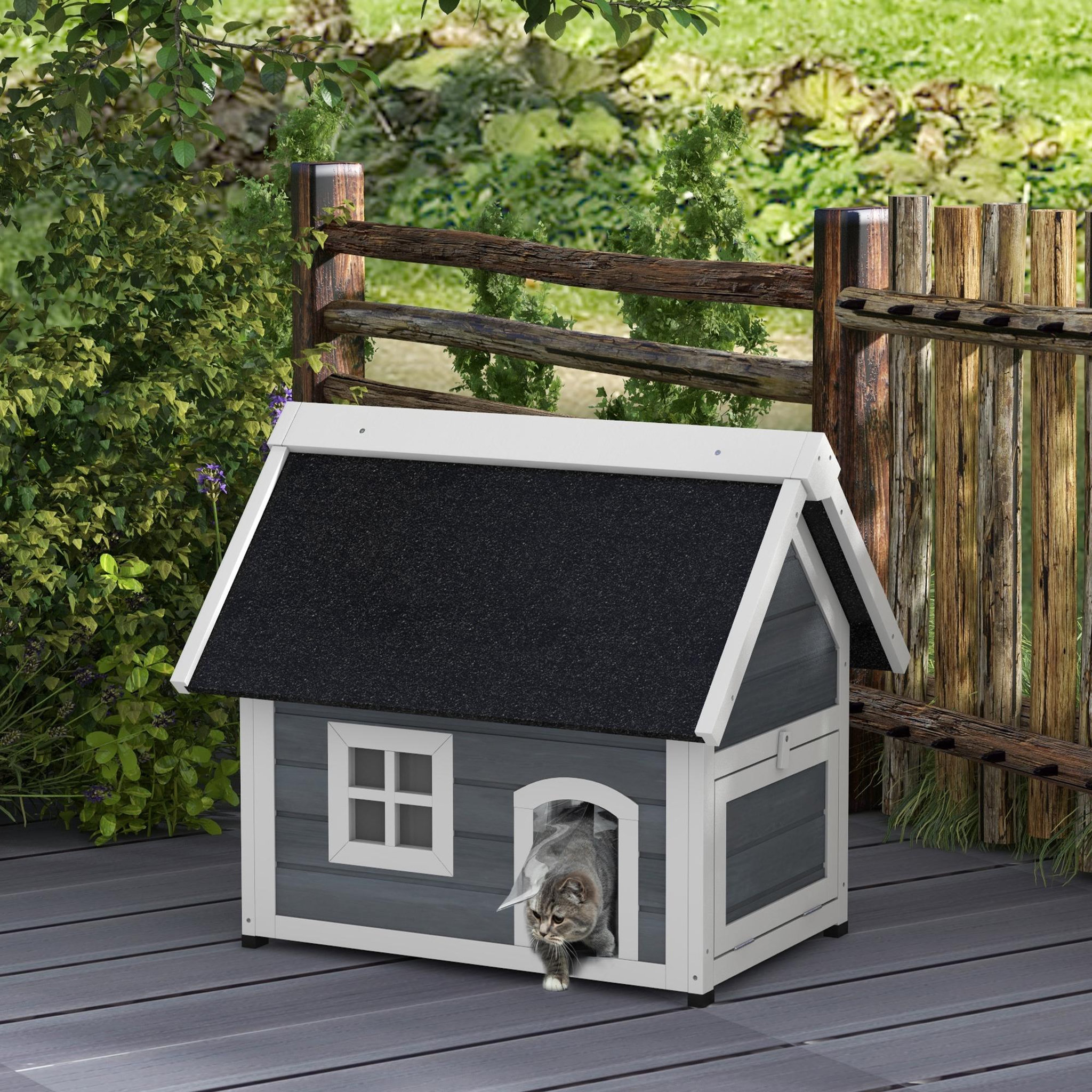 Voir la diapositive 2 : PAWHUT Niche maison pour chat - porte à lamelles, fenêtre plexiglas, toit bitumé ouvrant, 3 portes - bois gris