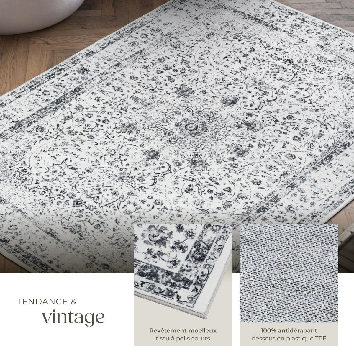 tectake Tapis design vintage à poils courts en laine synthétique et feutre gris 120 x 170 cm