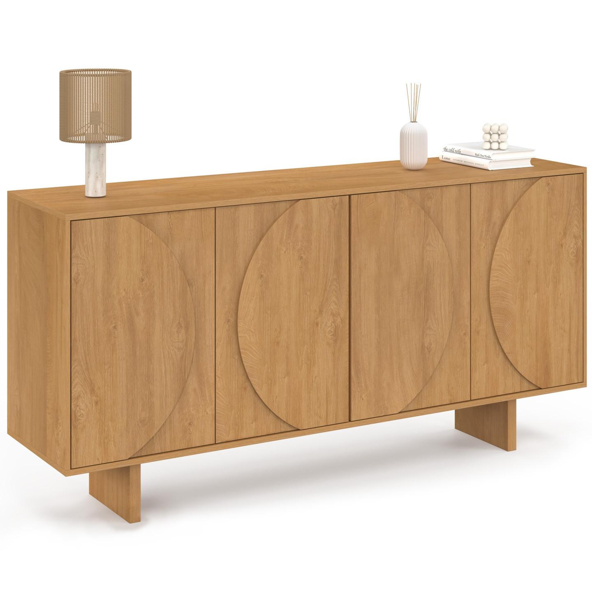 ID MARKET Buffet 160 cm ARVIN 4 portes avec reliefs arrondis bois clair