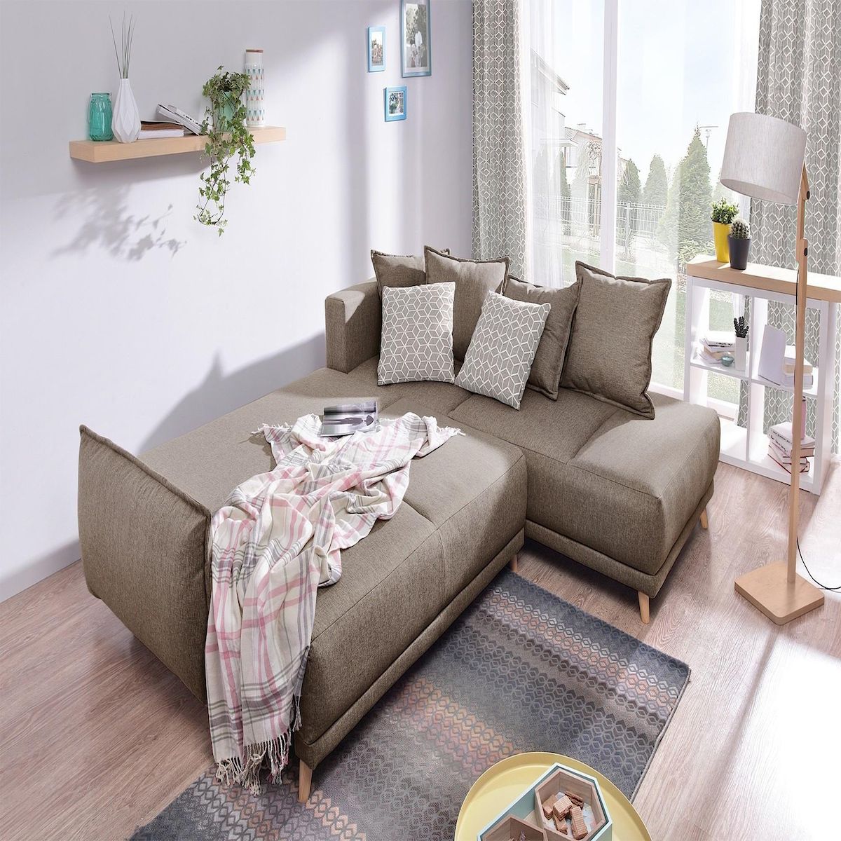 BEST MOBILIER Lena - canapé d'angle droit convertible- 5 places - latte - style scandinave - café latte