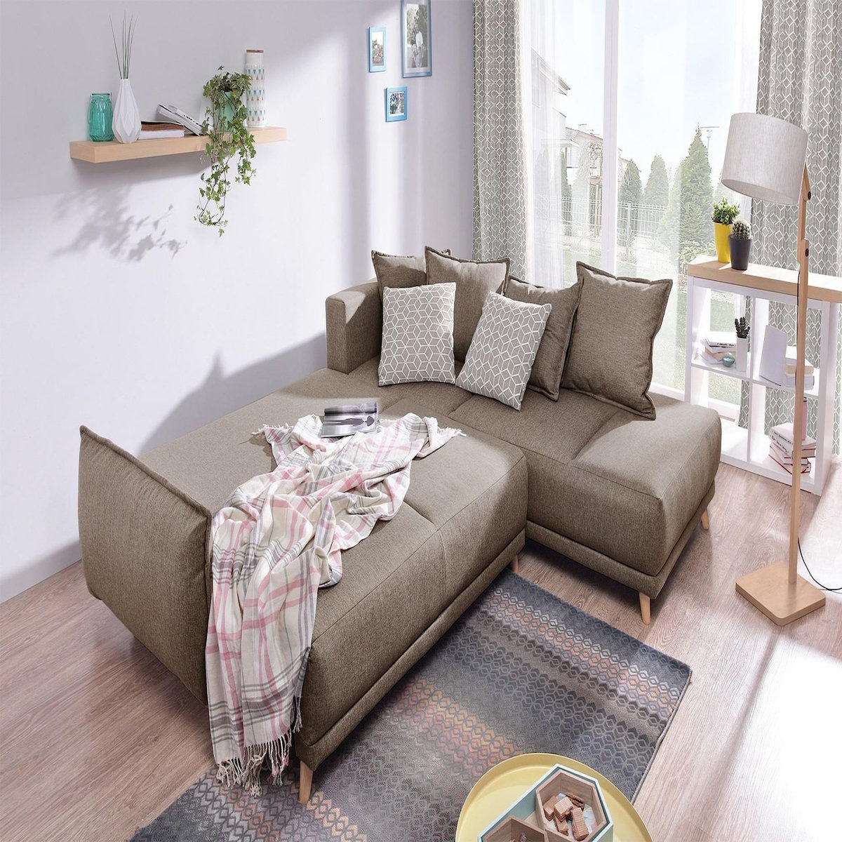 BEST MOBILIER Lena - canapé d'angle droit convertible- 5 places - latte - style scandinave - café latte