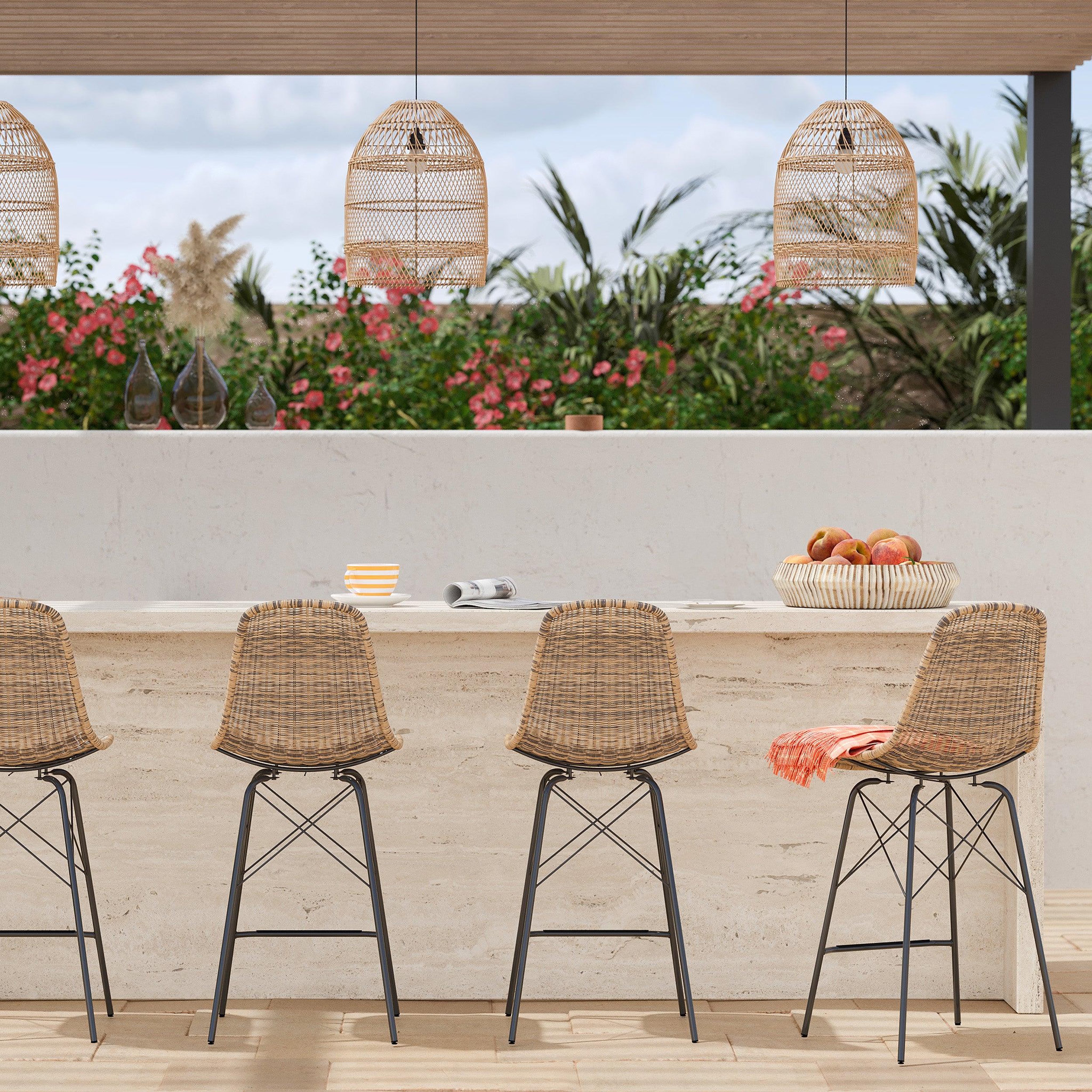 Voir la diapositive 6 : MAISON PAVANE Lot de 2 chaises de bar de jardin 63 cm en résine tressée marron-tiptur