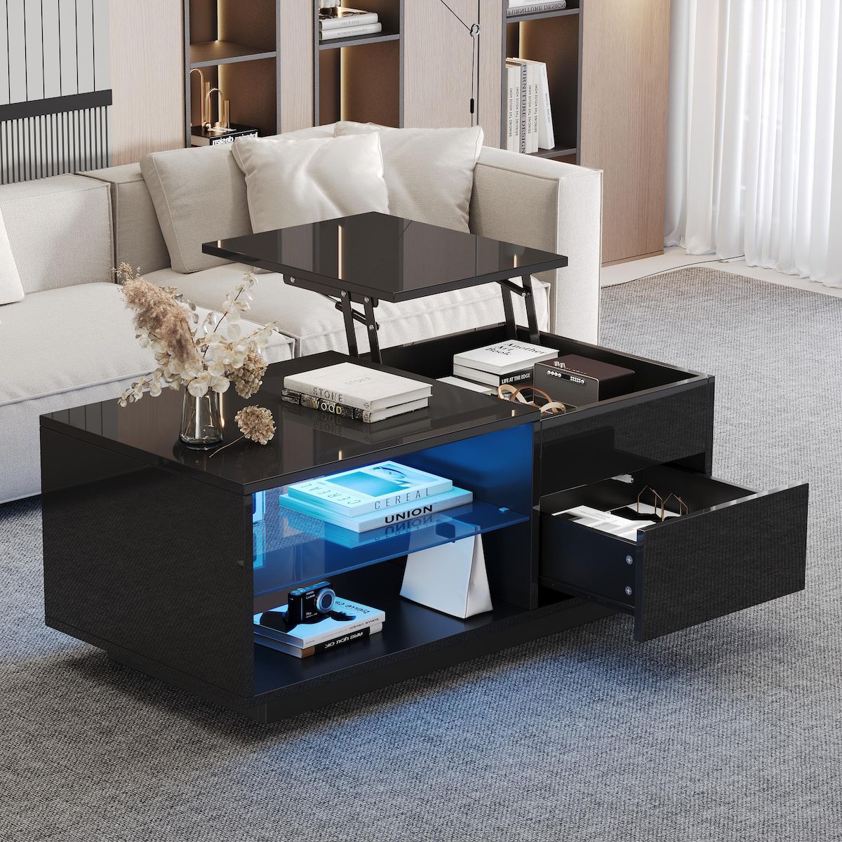 MERAX Table basse relevable rectangulaire noir - 49x100 cm led panneau de particules
