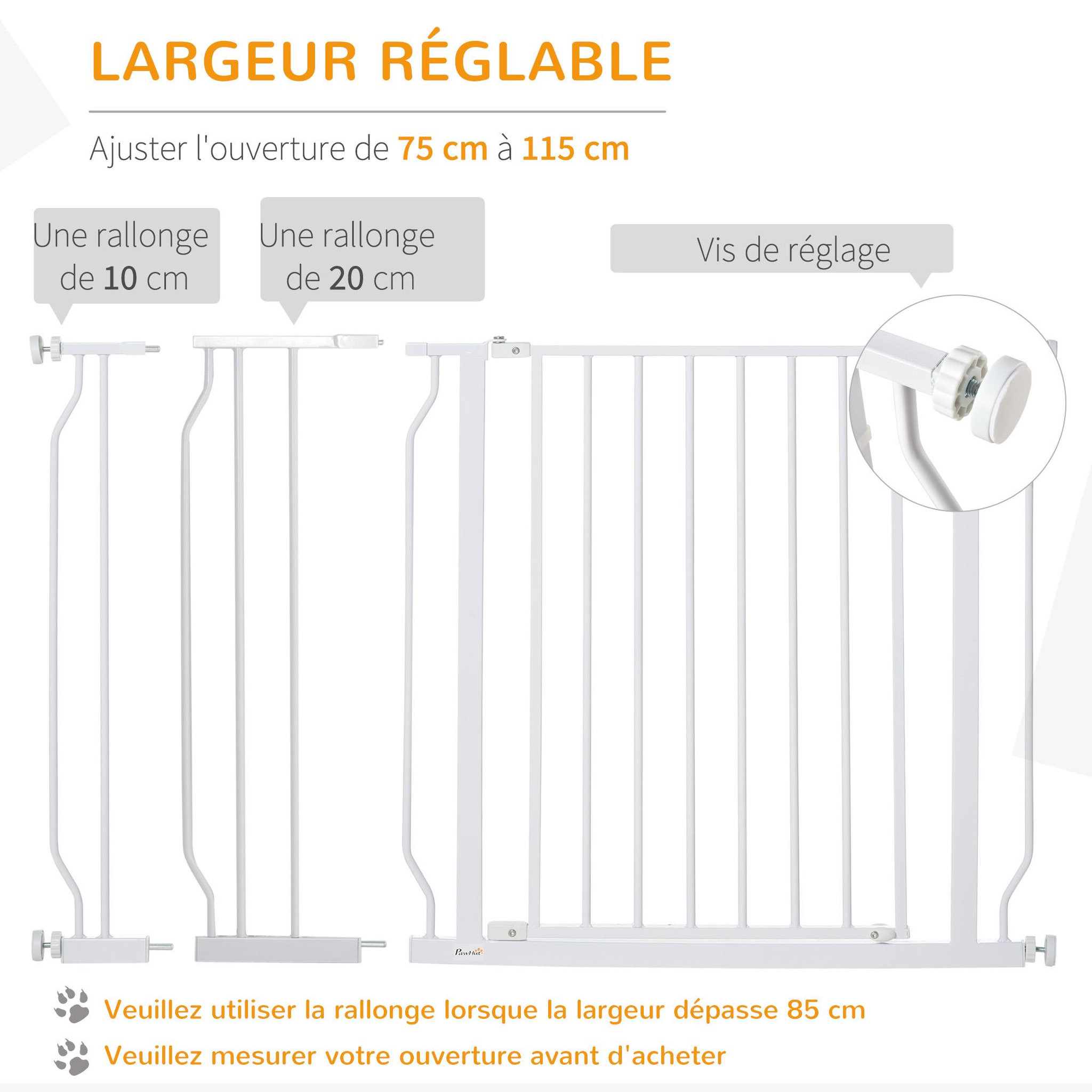 Voir la diapositive 5 : PAWHUT Barrière de sécurité barrière pour animal domestique longueur réglable barrière escaliers couloirs portes sans perçage en acier et abs dim. 75-115l x 76h cm blanc