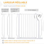 Voir la diapositive 5 : PAWHUT Barrière de sécurité barrière pour animal domestique longueur réglable barrière escaliers couloirs portes sans perçage en acier et ABS dim. 75-115L x 76H cm blanc