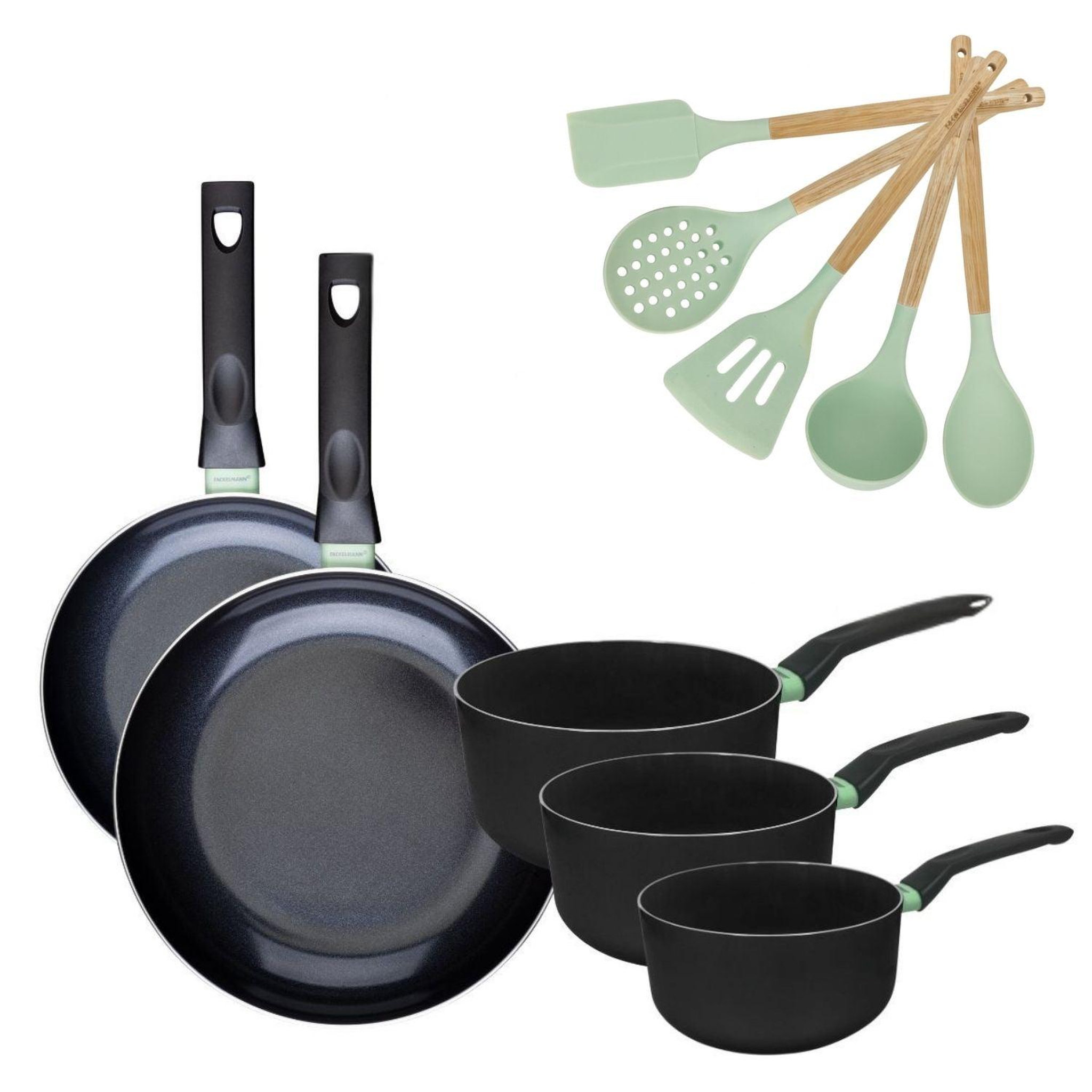 Fackelmann Batterie de cuisine avec 2 poêles 24/28 cm et 3 casseroles 16/18/20 cm avec 5 ustensiles de cuisine fackelmann brandao océan