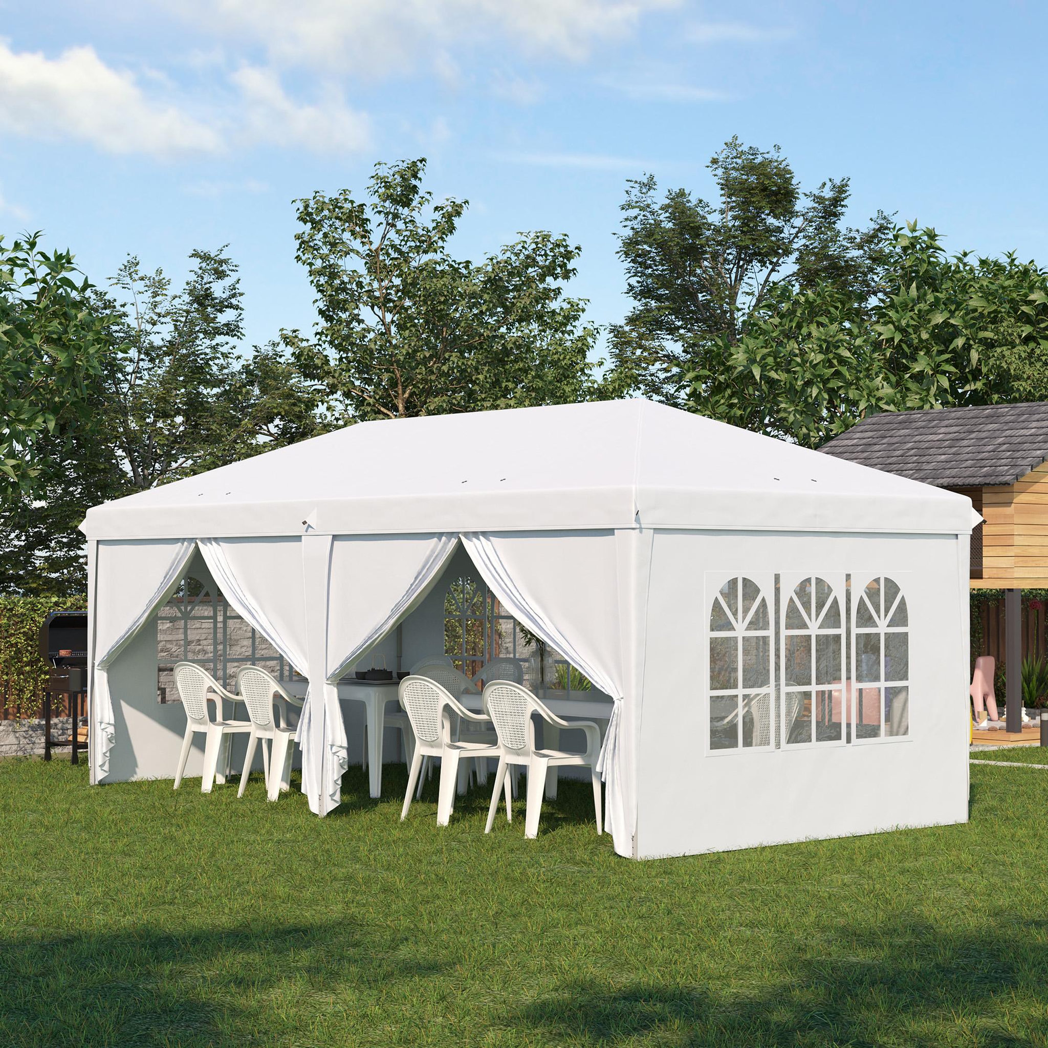 Voir la diapositive 2 : OUTSUNNY Tonnelle barnum pliant pop-up imperméabilisé 5,85L x 2,95l x 2,7H m 6 parois latérales amovibles 4 fenêtres + sac de transport blanc