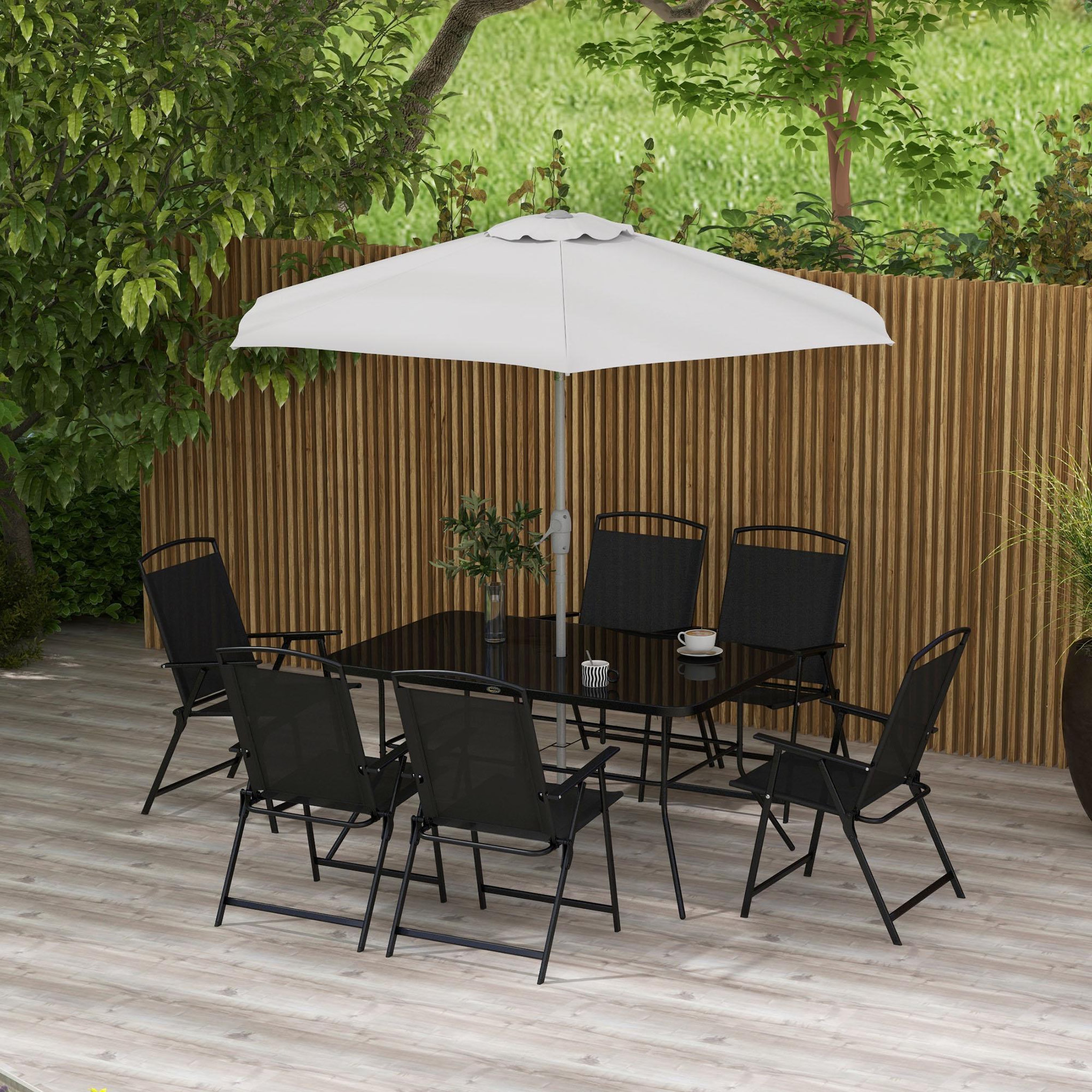 Voir la diapositive 2 : OUTSUNNY Ensemble salon de jardin 6 places 8 pièces - parasol, table, 6 chaises pliantes - métal époxy textilène polyester noir gris