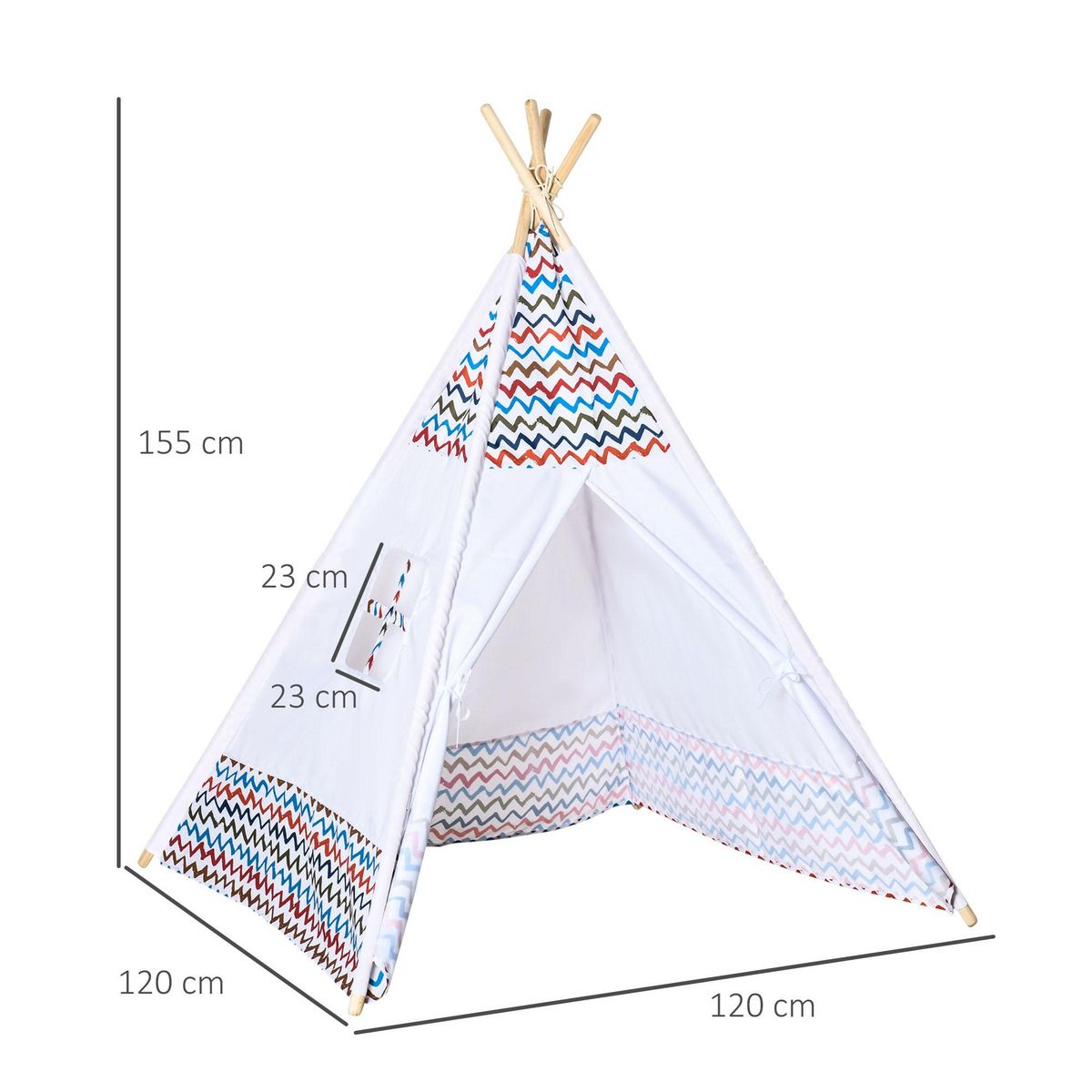 HOMCOM Tente teepee indien enfant style graphique - dim. 1,2L x 1,2I x 1,55H m - porte refermable, fenêtre - structure bois, toile polyester coton blanc multicolore