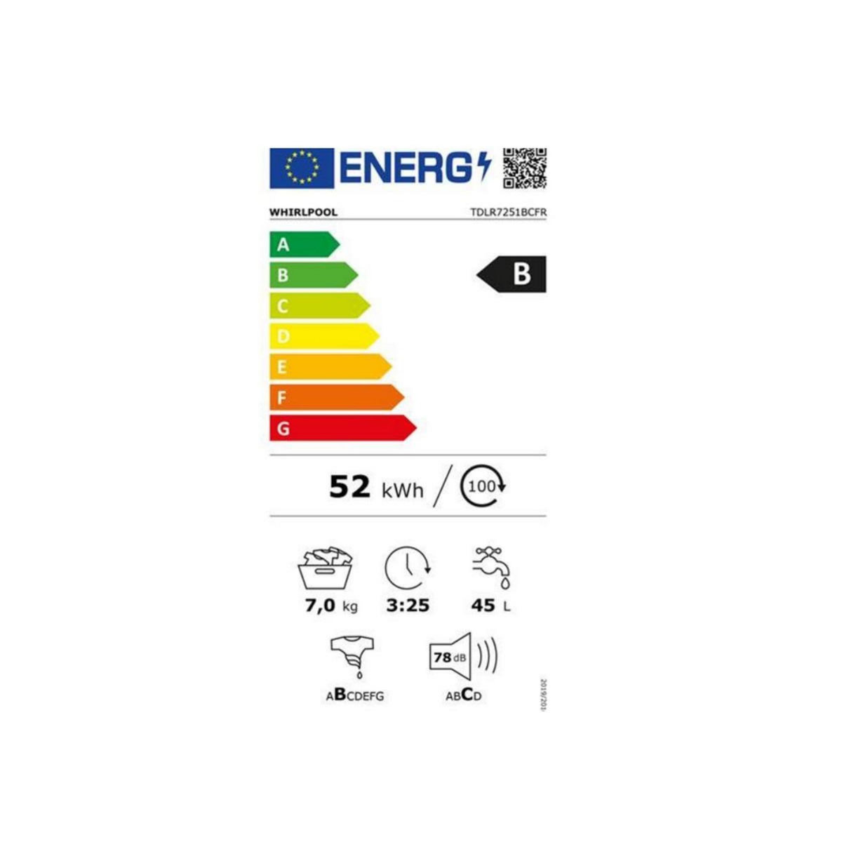 Whirlpool Lave-linge top 7kg 1200 tours/min - TDLR7251BCFR
