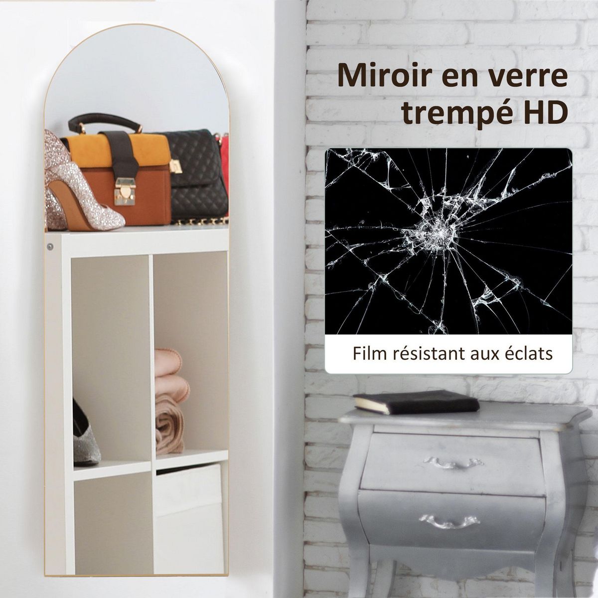HOMCOM Miroir sur pied ou mural ton doré dim. 50L x 150H cm