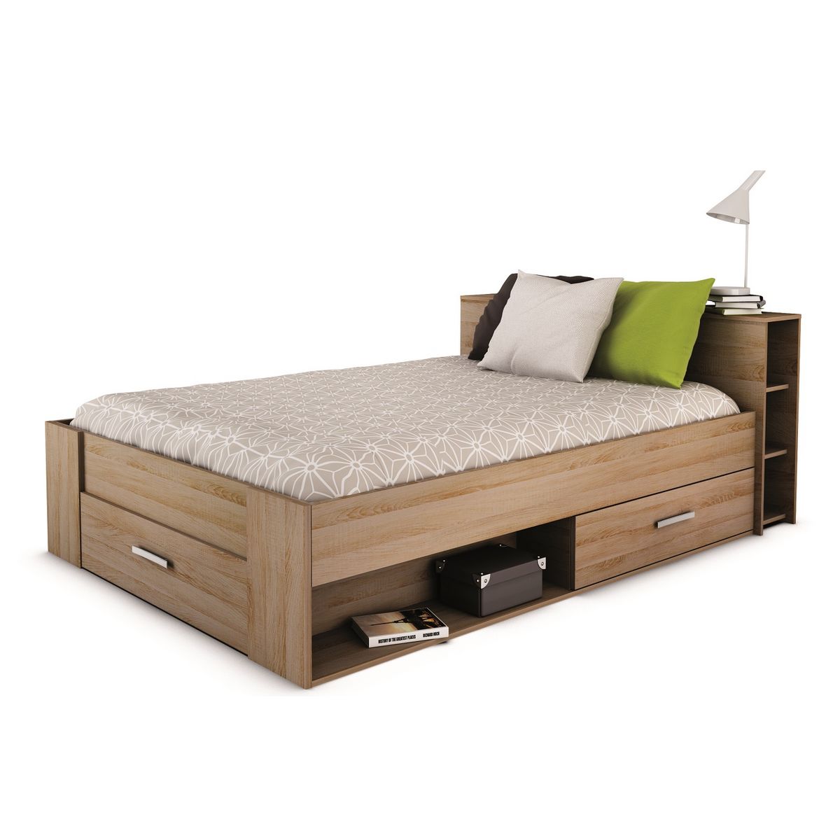 Lit 140 x190 cm avec tête de lit et rangements ILIAN