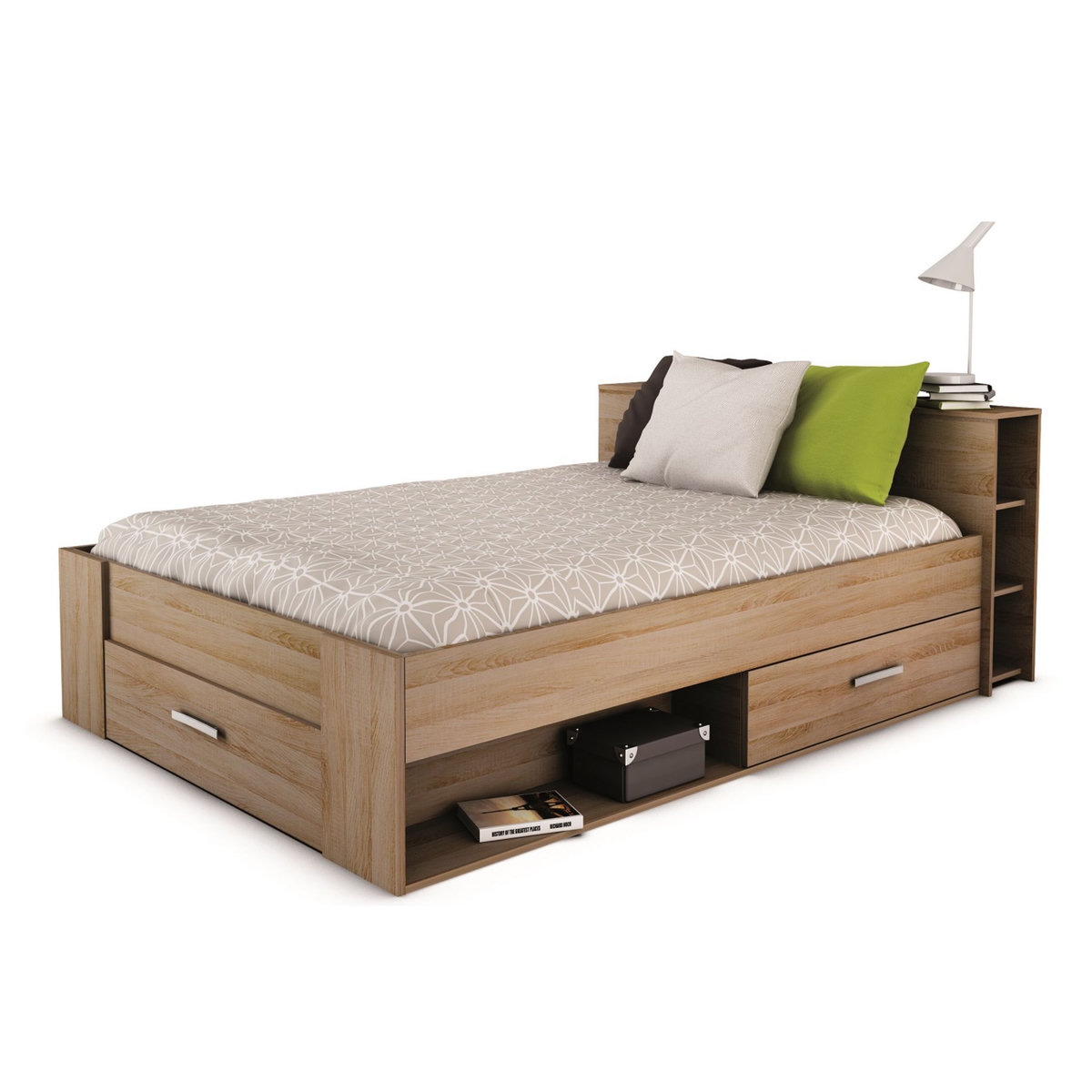 Lit 140 x190 cm avec tête de lit et rangements ILIAN