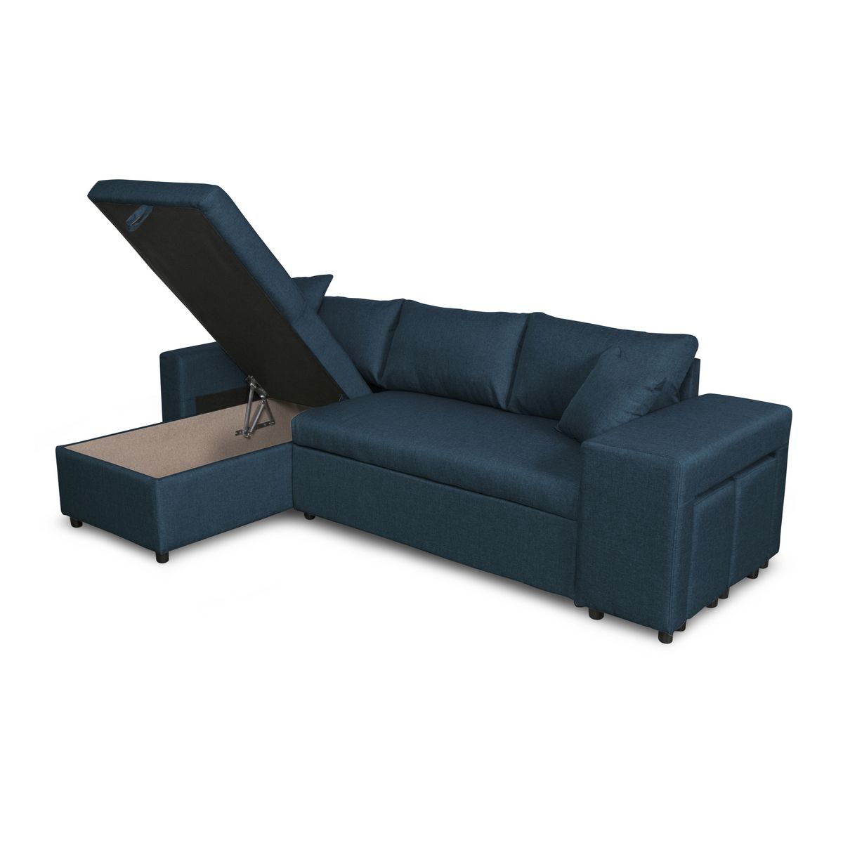 Canapé d'angle réversible convertible avec coffre + 2 poufs avec niche fixe à droite ANETTA