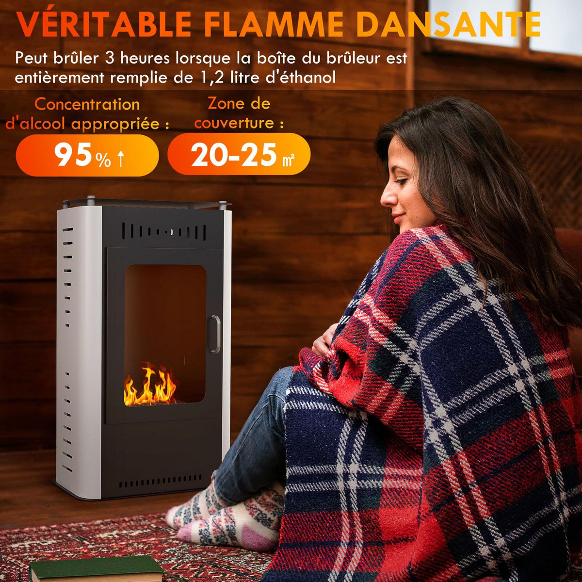 HOMCOM Cheminée bioéthanol design contemporain - étagère - brûleur 1,2 L - contrôle de flamme et manche inclus - acier noir blanc