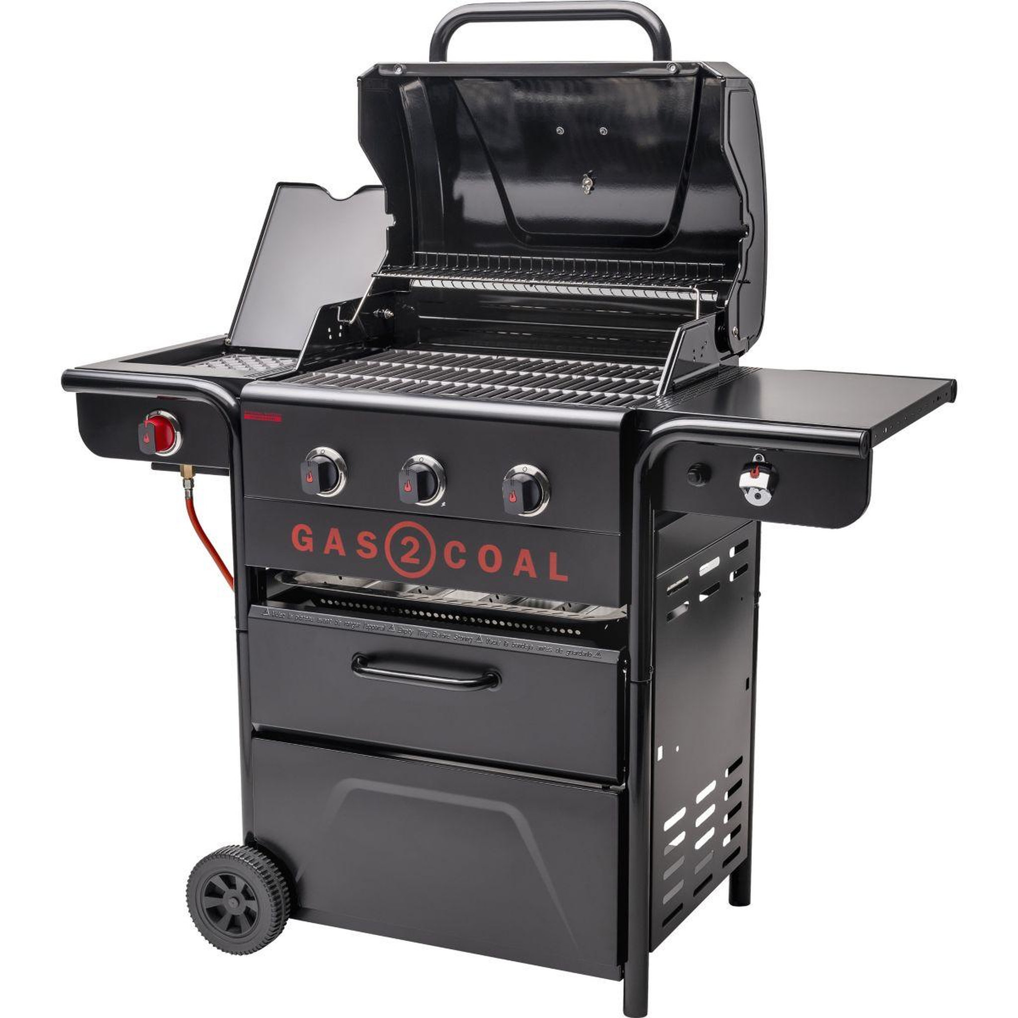 Voir la diapositive 4 : CHAR BROIL Barbecue gaz gas2coal 2.0 special edition,sur chariot, 4 brûleurs dont 1 latéral, surface de cuisson 64 x 45 cm
