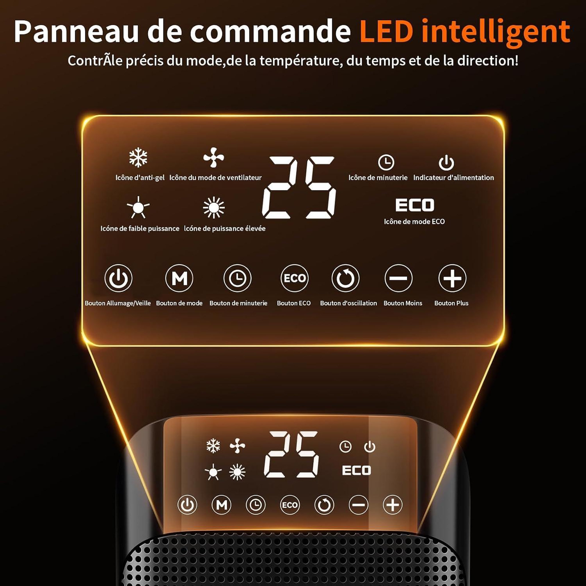 Voir la diapositive 4 : YASHE Chauffage soufflant, 1800 W, ECO, oscillation 75°, noir
