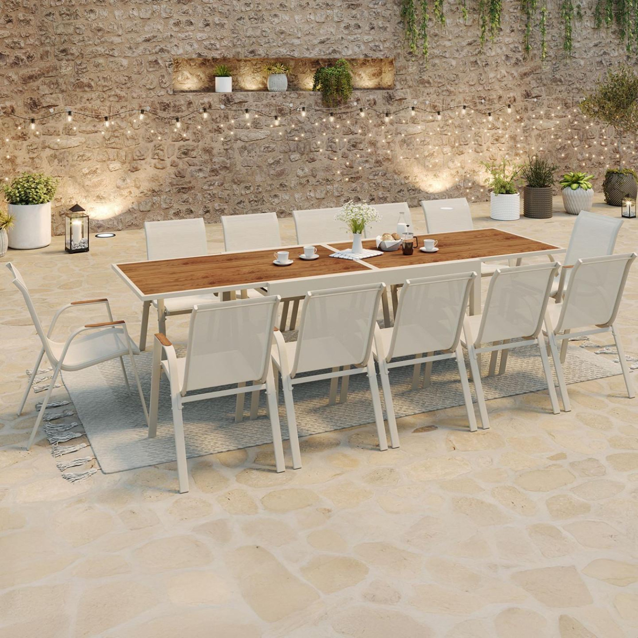 Voir la diapositive 2 : ID MARKET Salon de jardin noumea table extensible 135/270 cm plateau verre trempé effet bois et 12 chaises empilables beige et bois