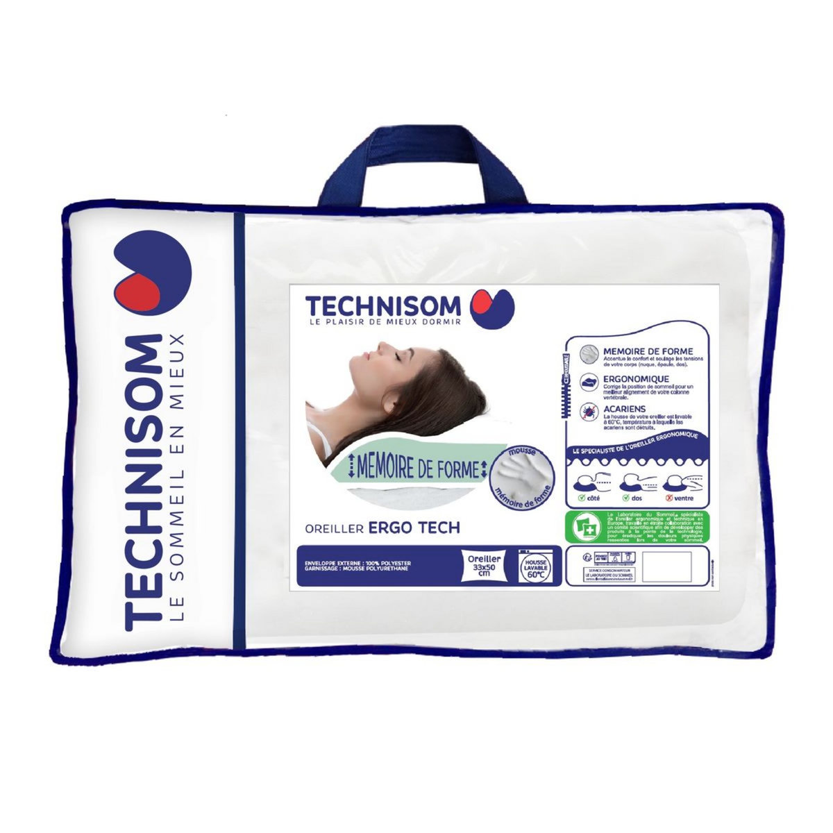 TECHNISOM Oreiller ergonomique en polyester à mémoire de forme anti-acariens ERGOTECH 