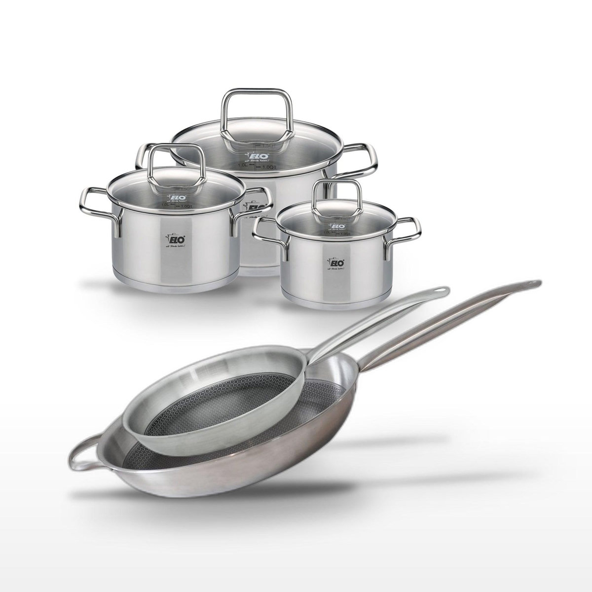 ELO Batterie de cuisine avec 2 poêles 28/32 cm et 3 faitouts 14/16/20 cm en inox sans PFAS Elo Collection Relief Solution Citrin