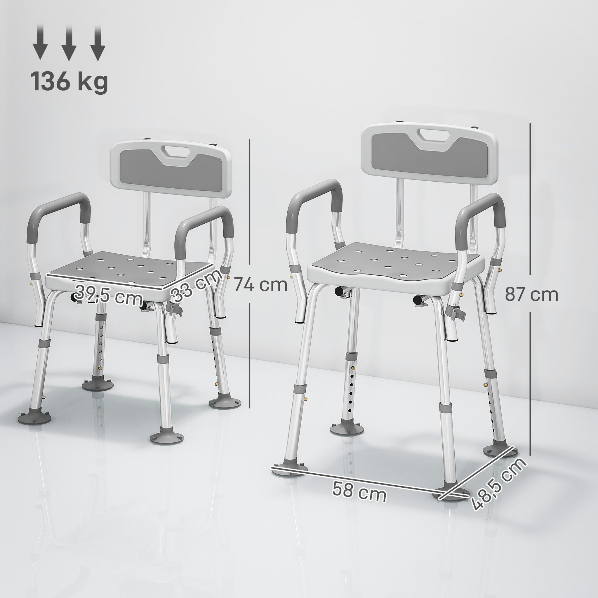 Voir la diapositive 3 : HOMCOM Chaise de douche siège de douche ergonomique hauteur réglable pieds antidérapants charge max. 136 kg alu hdpe blanc gris